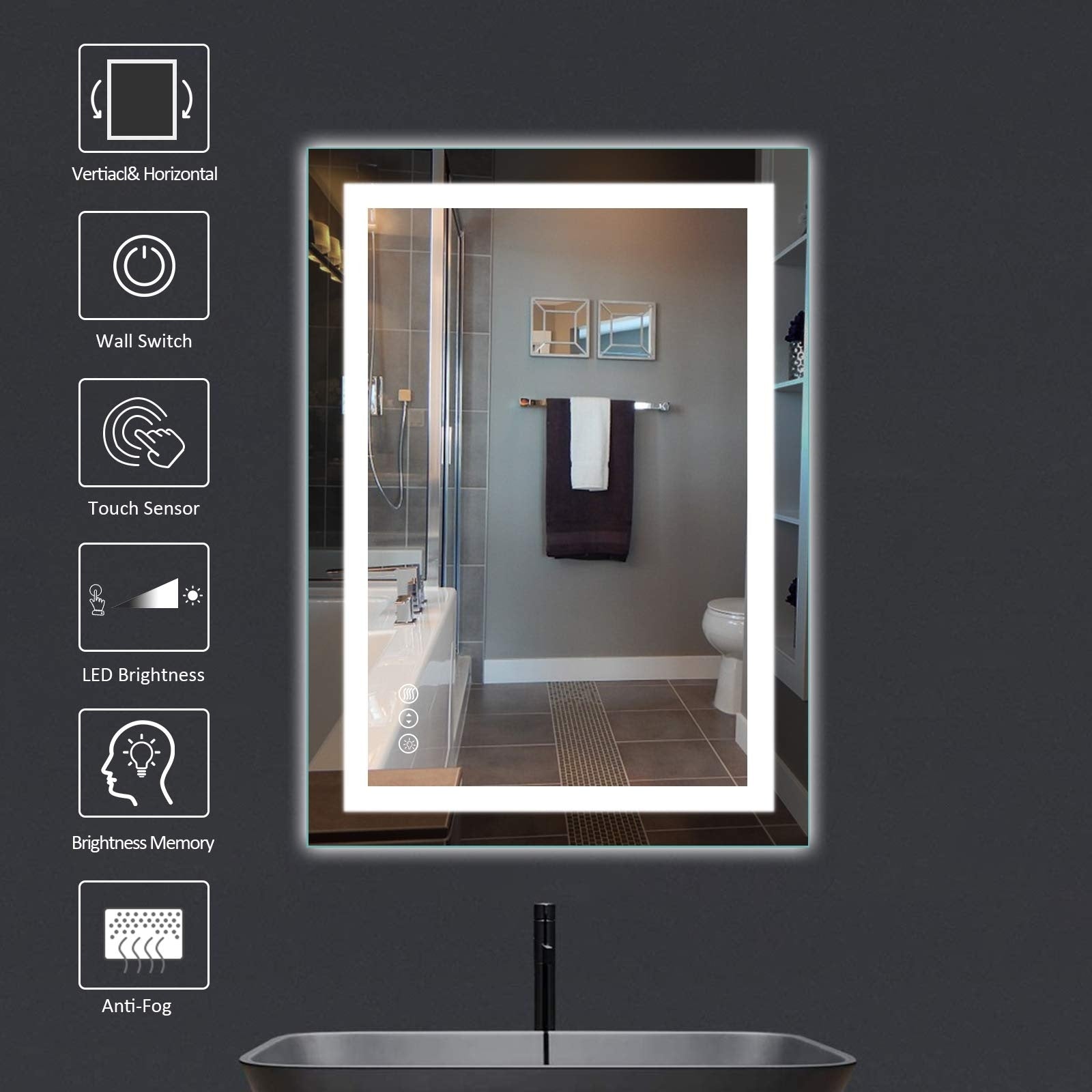 KIOTEE LED Mirror Lights Anti-Fog Frameless Bathroom Vanity Mirror in Tempered Glass