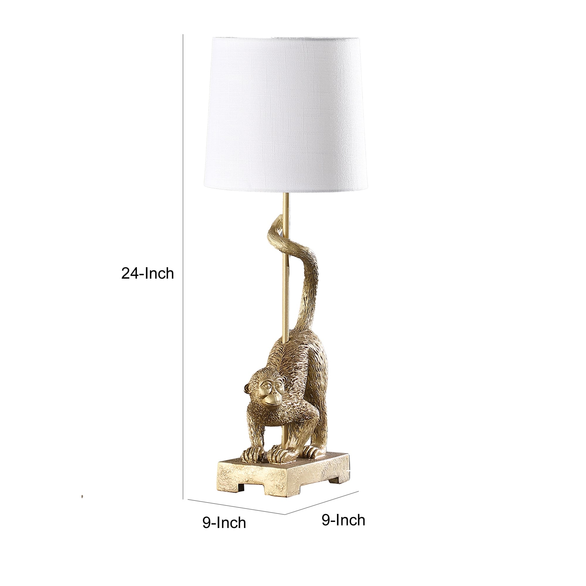 Ree 24 Inch Accent Table Lamp, Monkey Resin Sculpture, Drum Shade, Gold