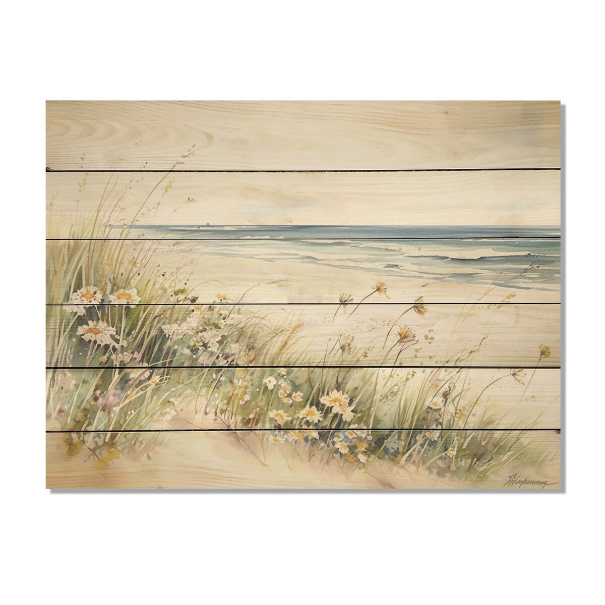 Designart Wildflowers on the beach Wildflowers Wood Wall Decor - Traditional Green Wood Panel On Natural Pine Wood