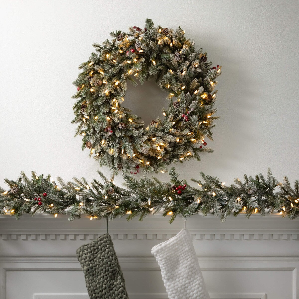 25H Sullivans Artificial Christmas Frosted Pine Pre-Lit Wreath, Green-White