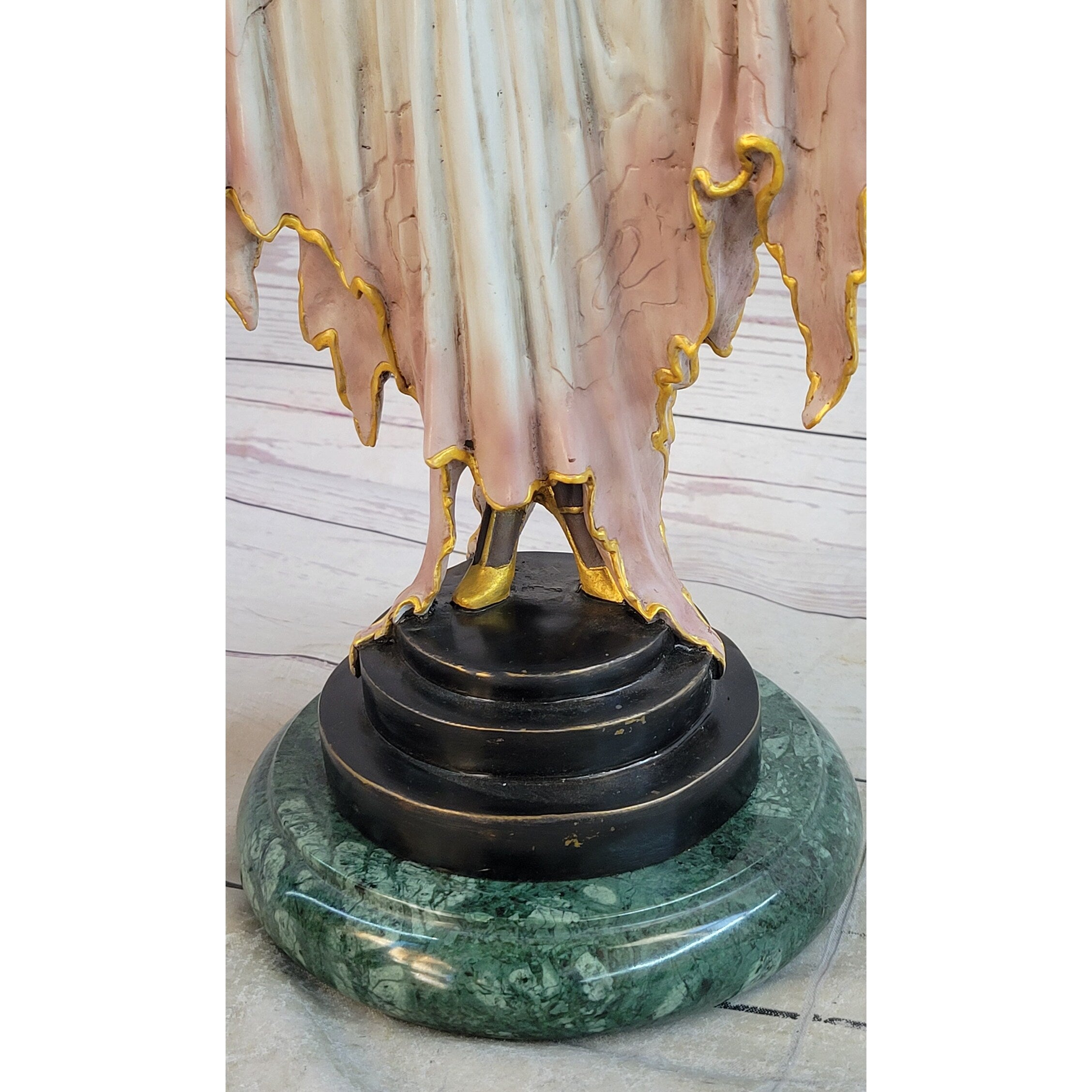 Fan Lady By Julius Erte Bronze Sculpture Green Marble Base Figurine Statue Art