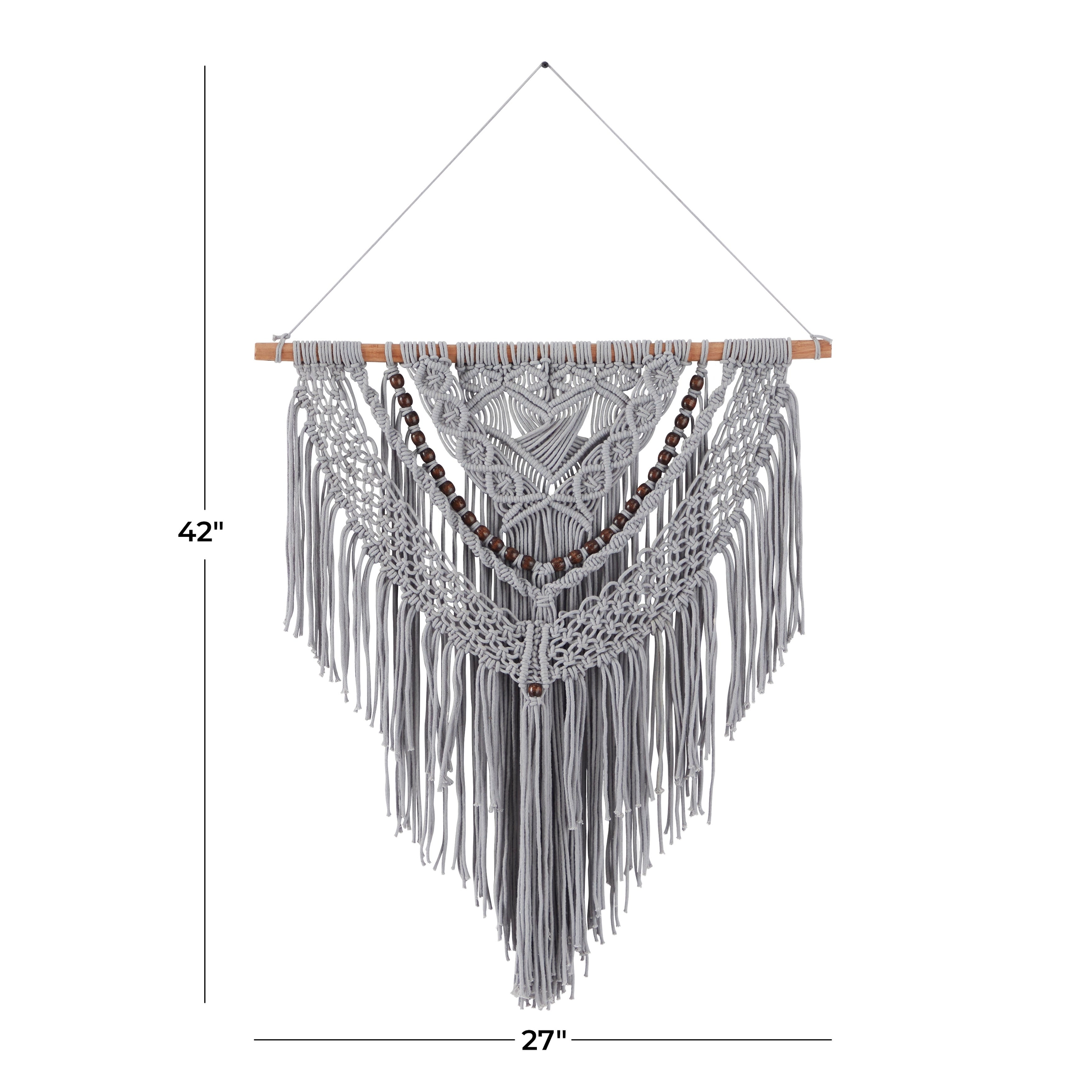 Cotton Handmade Intricately Weaved Macrame Wall Decor with Beaded Fringe Tassels - Gray or Cream