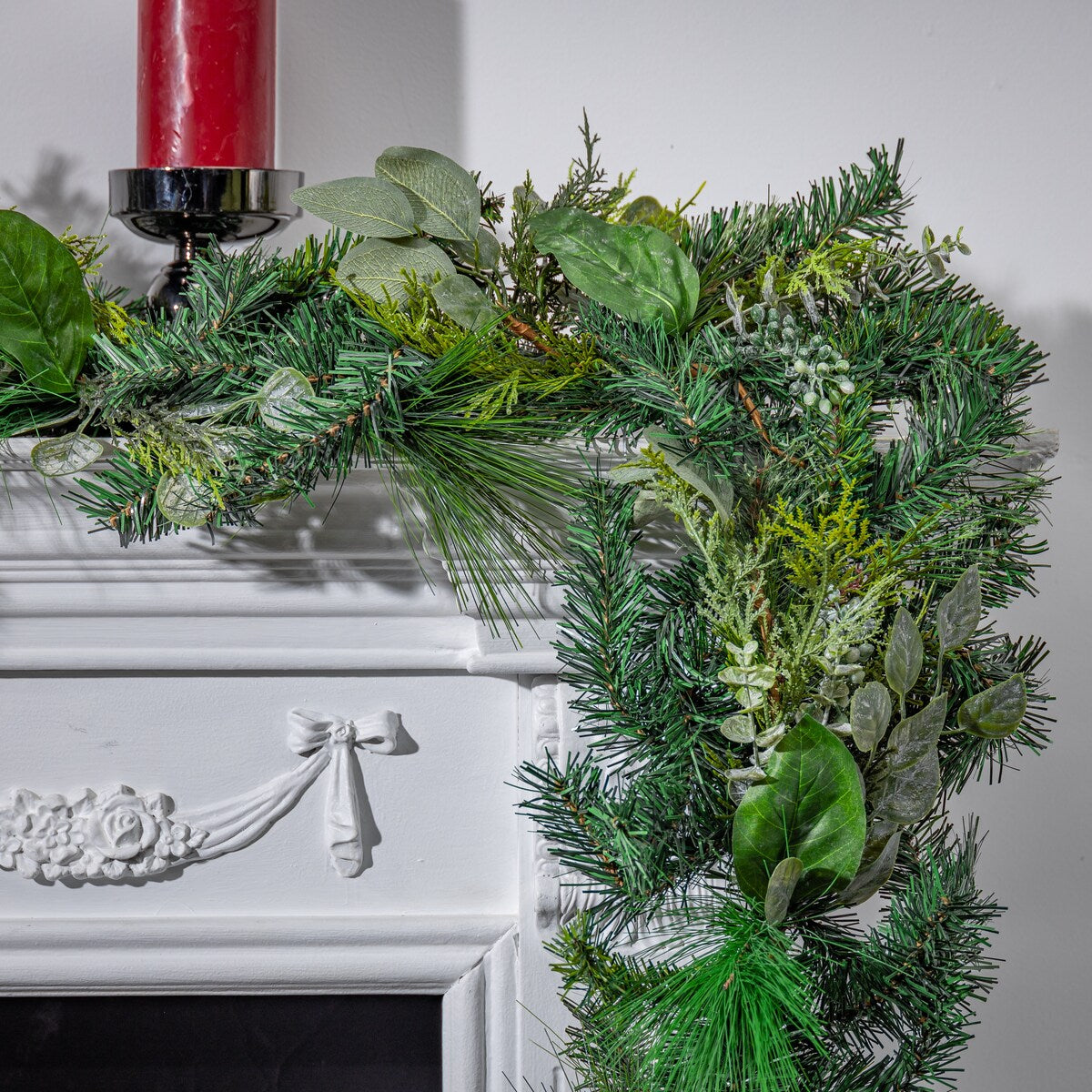 12 ft Mixed Pine Garland with Leaves, Cedar, and Needle Pine Accents - Green