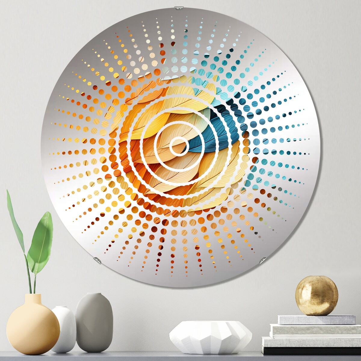 Designart Colorful blue and yellow feathers - Modern Feathers Sun Circles Wall Mirror