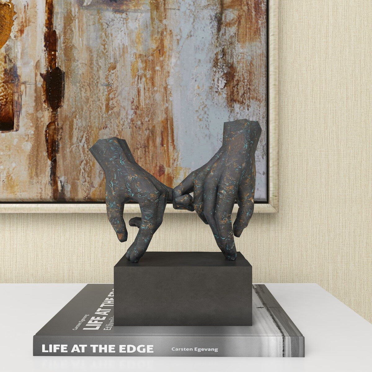 Polystone Hands Weathered Patina Linked Decorative Sculpture with Block Base and Gold Accents - Black - Roche River Decor