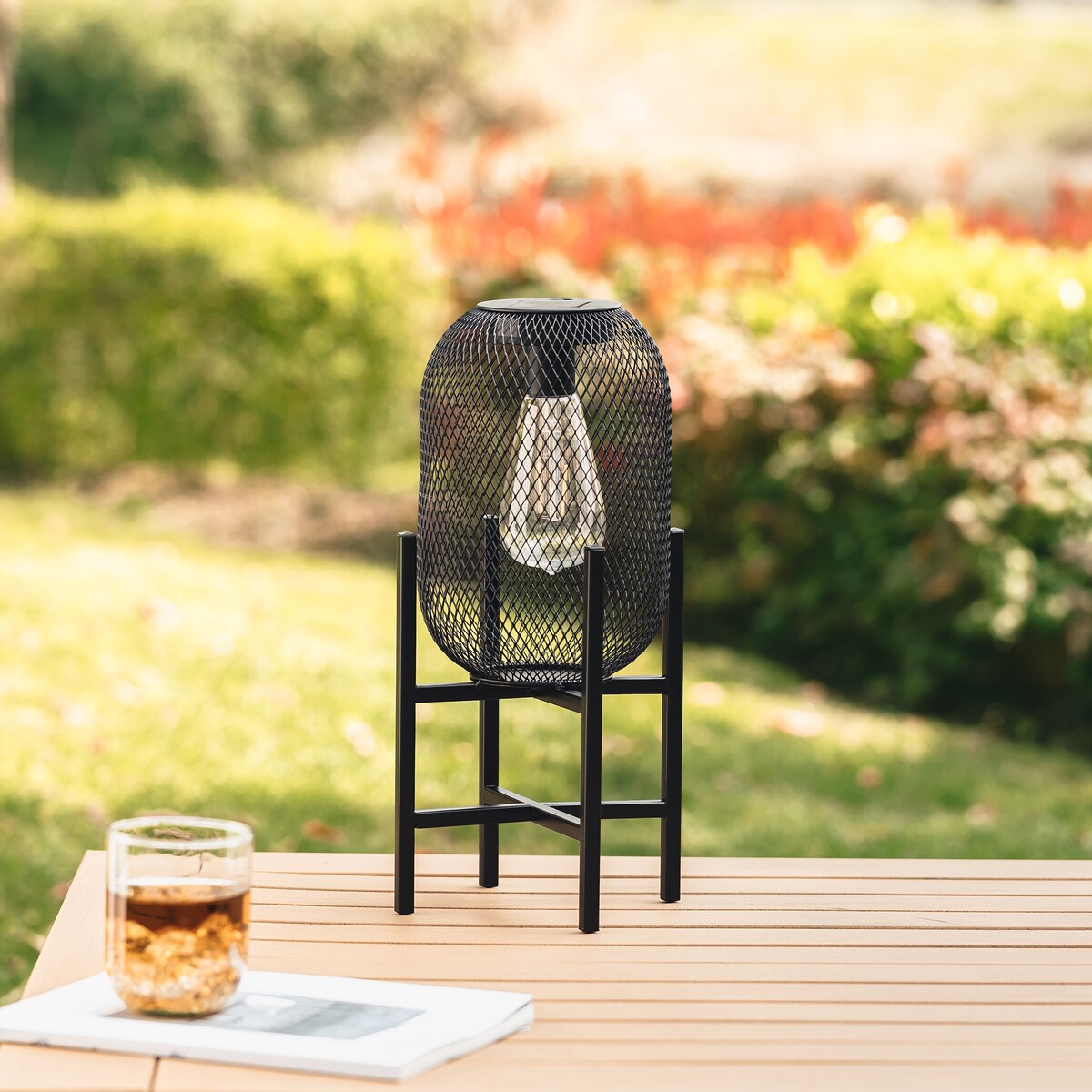 Glitzhome Set of 2 Metal Black Solar Powered Outdoor Lantern with Stand