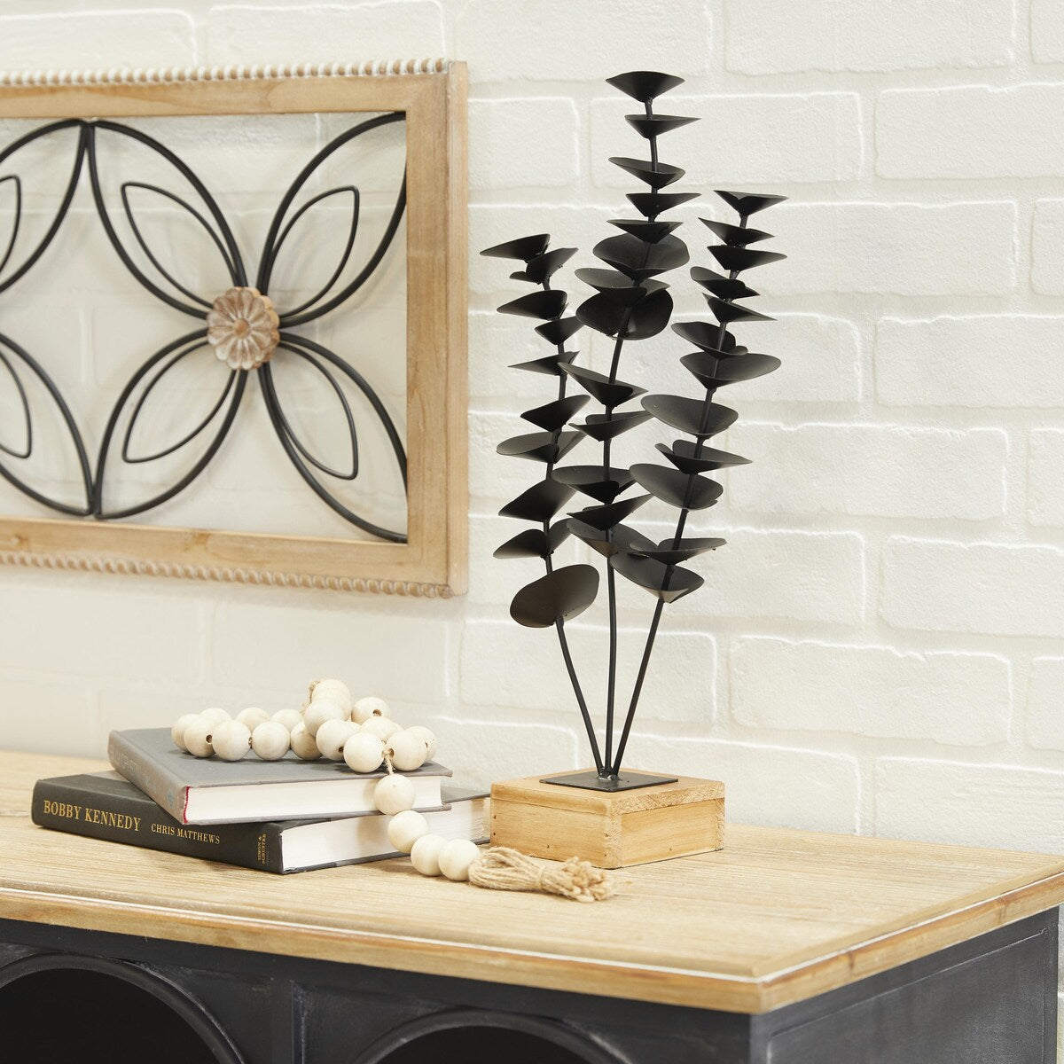 Metal Leaf Decorative Sculpture with Wood Base - Black - Roche River Decor