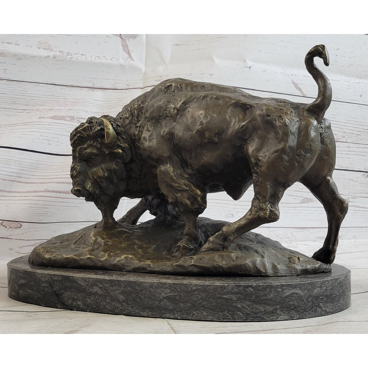 American Buffalo Bison Bull Bronze Sculpture By Barye On Marble Base Figure Art