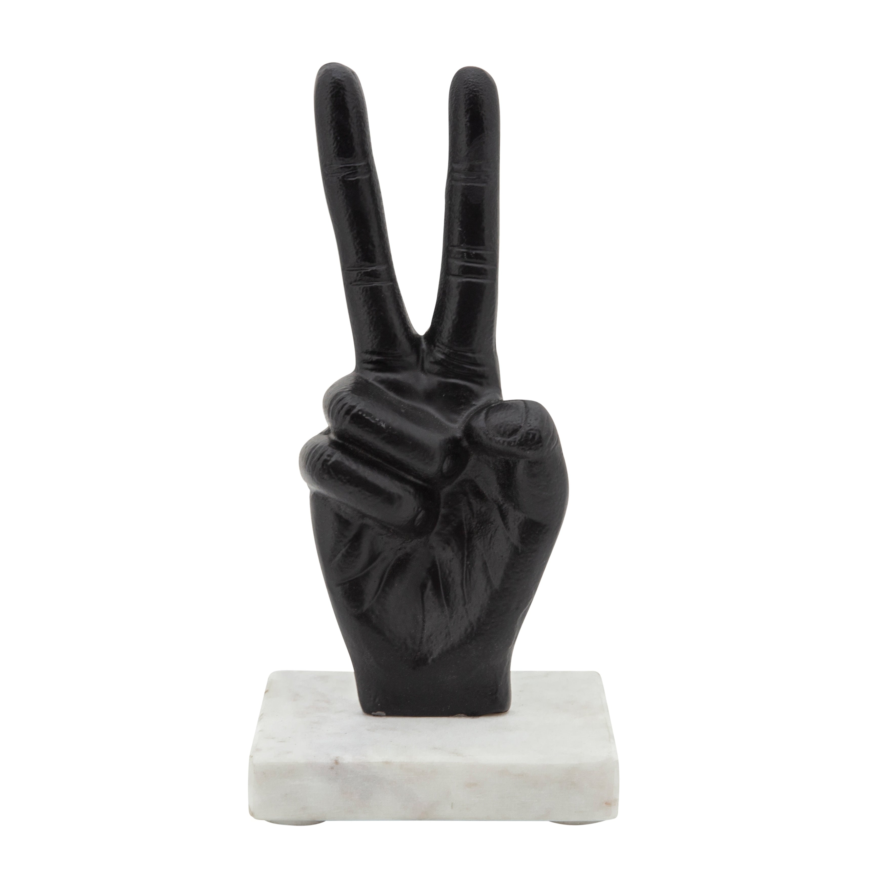 9 Metal Peace Sign Sculpture Hand Peace Sign Statue on White Marble Base Contemporary Decorative Table Accent - 4 x 4 x 8