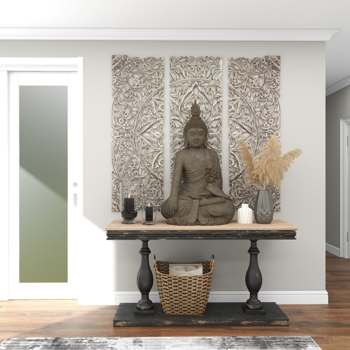 Polystone Buddha Meditating Decorative Sculpture with Engraved Carvings and Relief Detailing - Gray - Roche River Decor