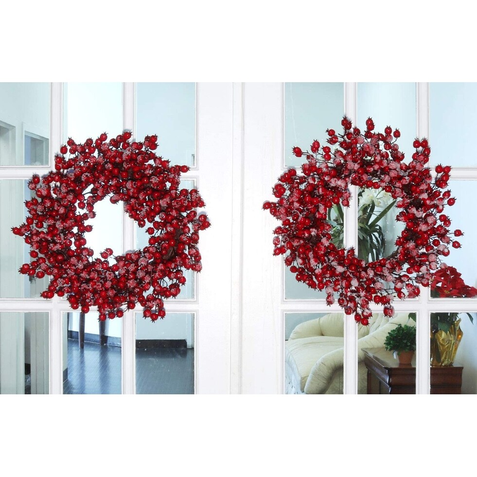 Floral Home 24 Red Frosted Berry Wreath, Iced Hawthorn Twig Berries