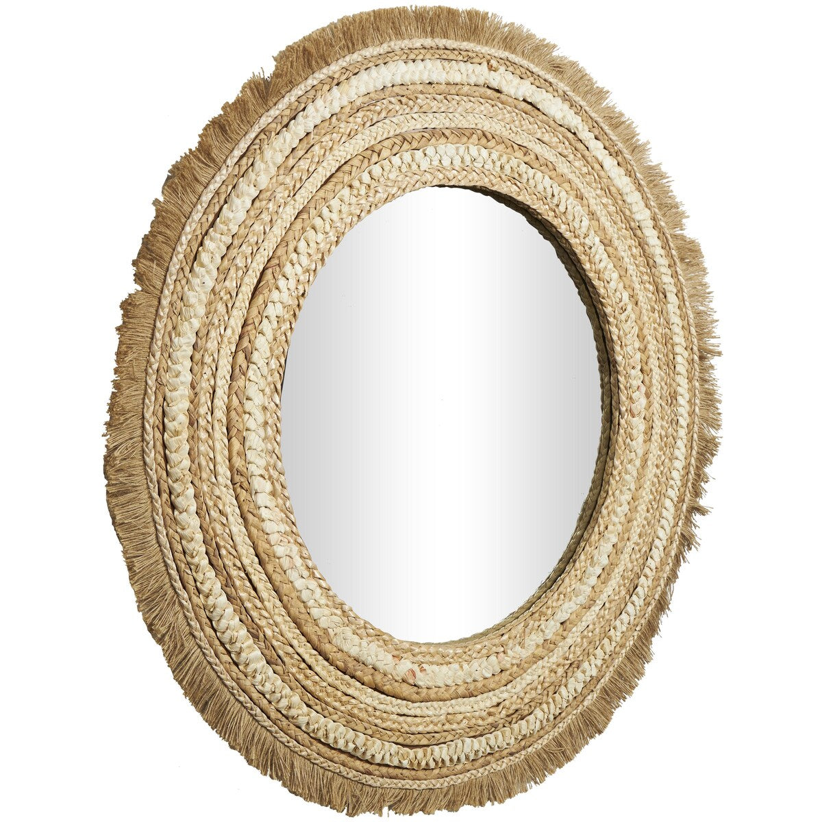 Wooden Woven Room Wall Mirror with Fringe Ends - Beige - Roche River Decor