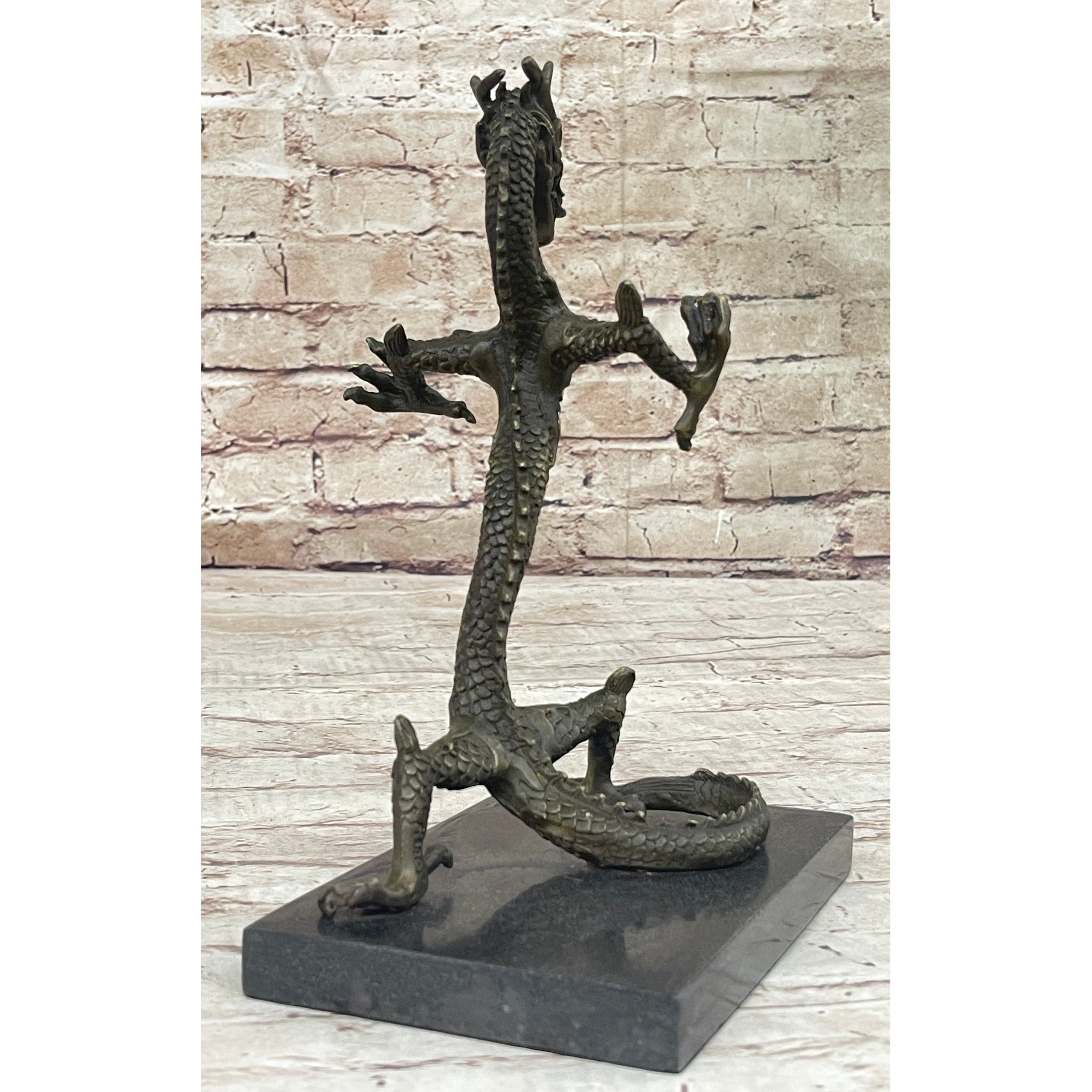 Skinny Chinese Dragon Bronze Sculpture Statue Figure On Marble Base