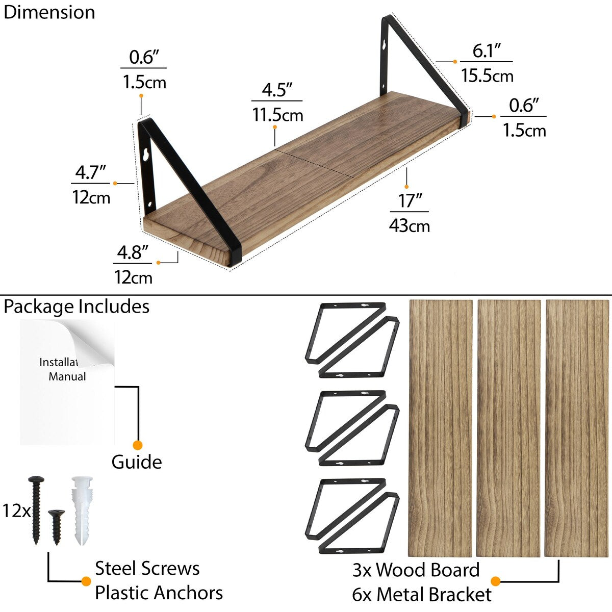 Wallniture Ponza Wood Floating Shelves, Bathroom Storage Shelf (Set of 3)