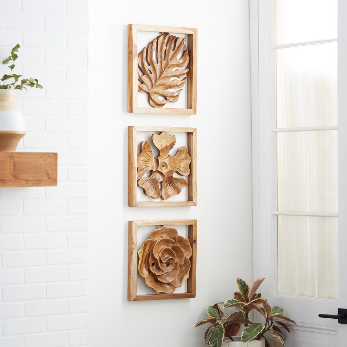 Teak Wood Floral Handmade Framed Carved Leaf and Home Wall Decor - Set of 3 Brown - Roche River Decor