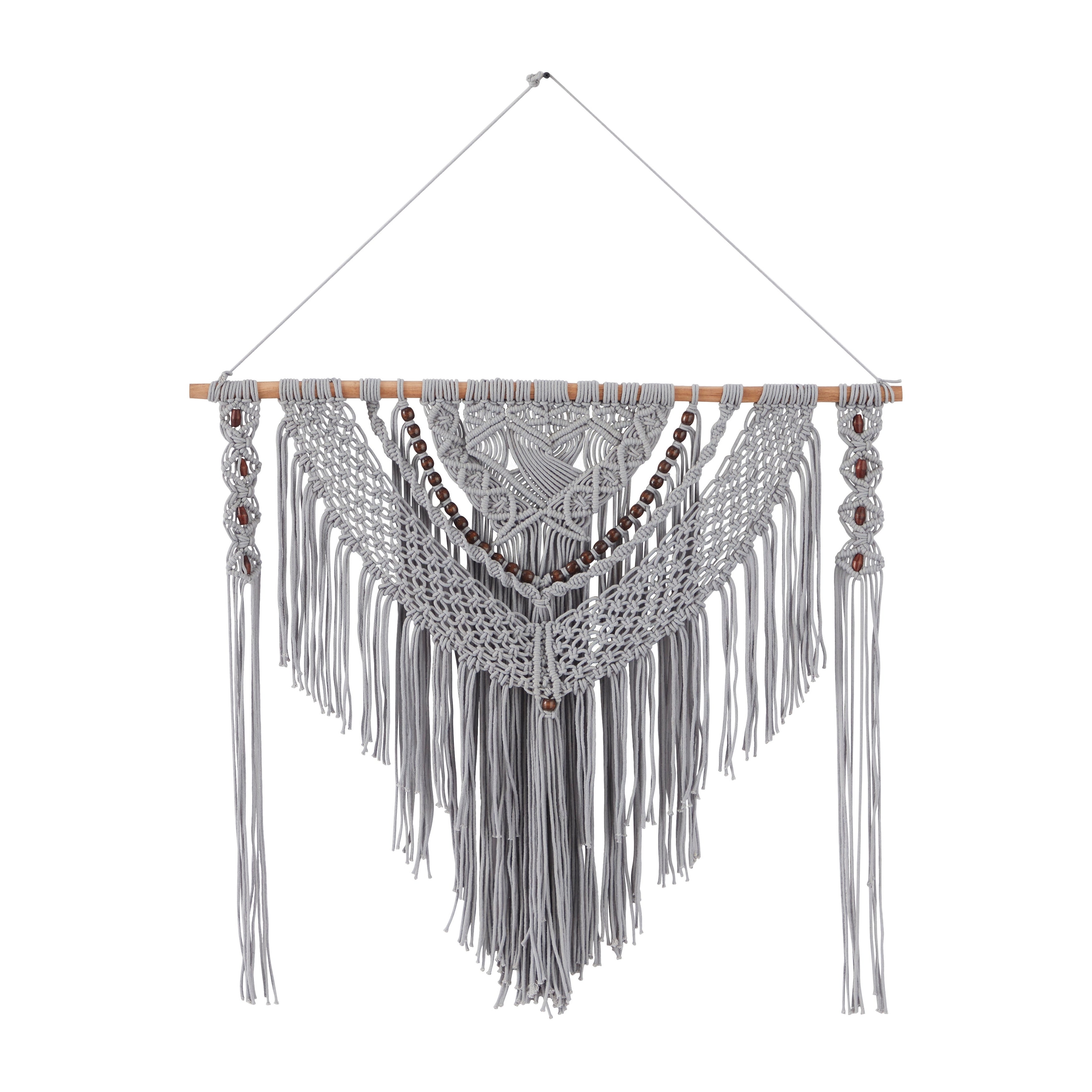 Cotton Handmade Intricately Weaved Macrame Wall Decor with Beaded Fringe Tassels - Gray or Cream