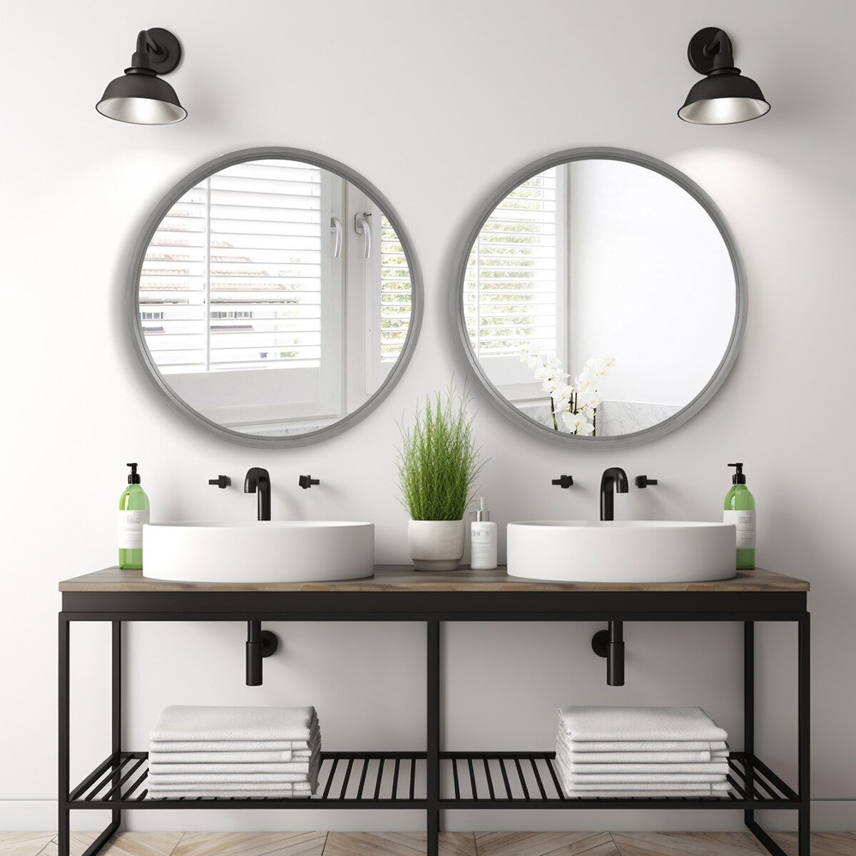 Classic Wooden Frame Farmhouse Round Wall Mirror