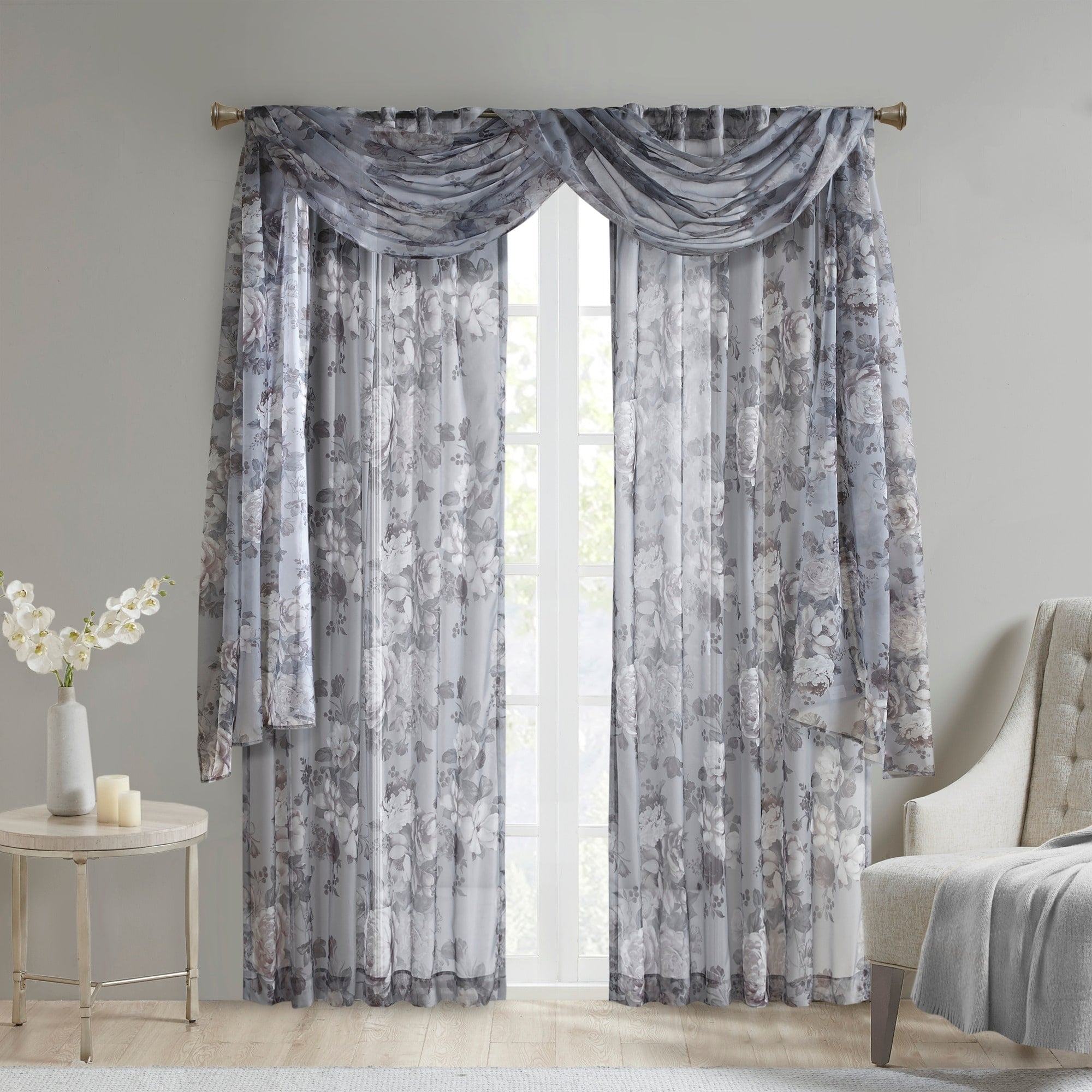 Madison Park Abelia Printed Floral Rod Pocket and Back Tab Voile Sheer Curtain