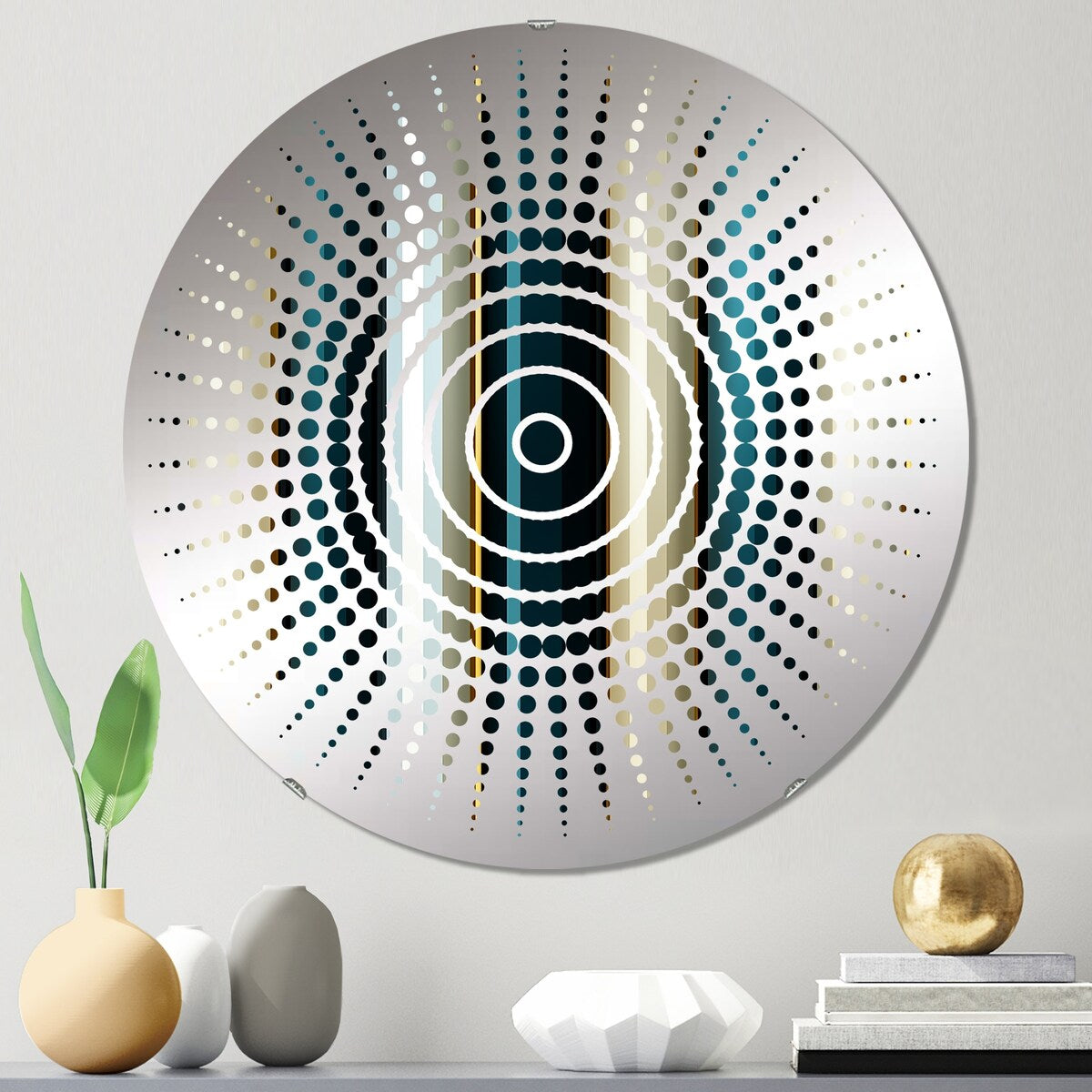 Designart Teal And Gold Elegant Striped Pattern - Vintage Striped, Abstract Sun Circles Wall Mirror