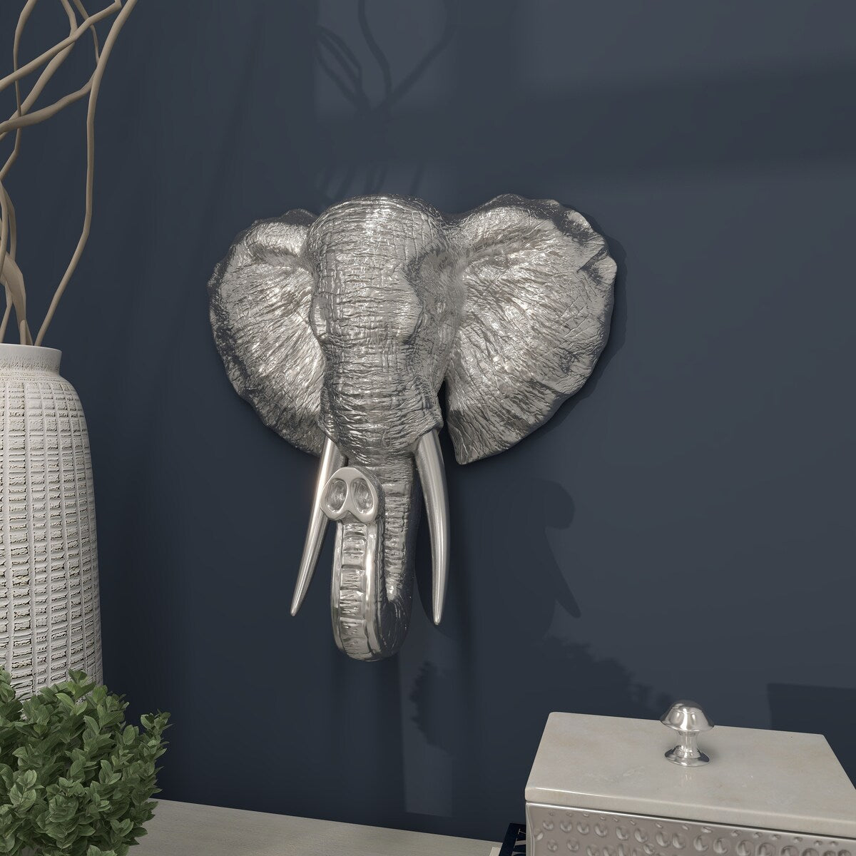 Polystone Elephant Metallic Home Wall Decor with Tusks - Silver - Roche River Decor