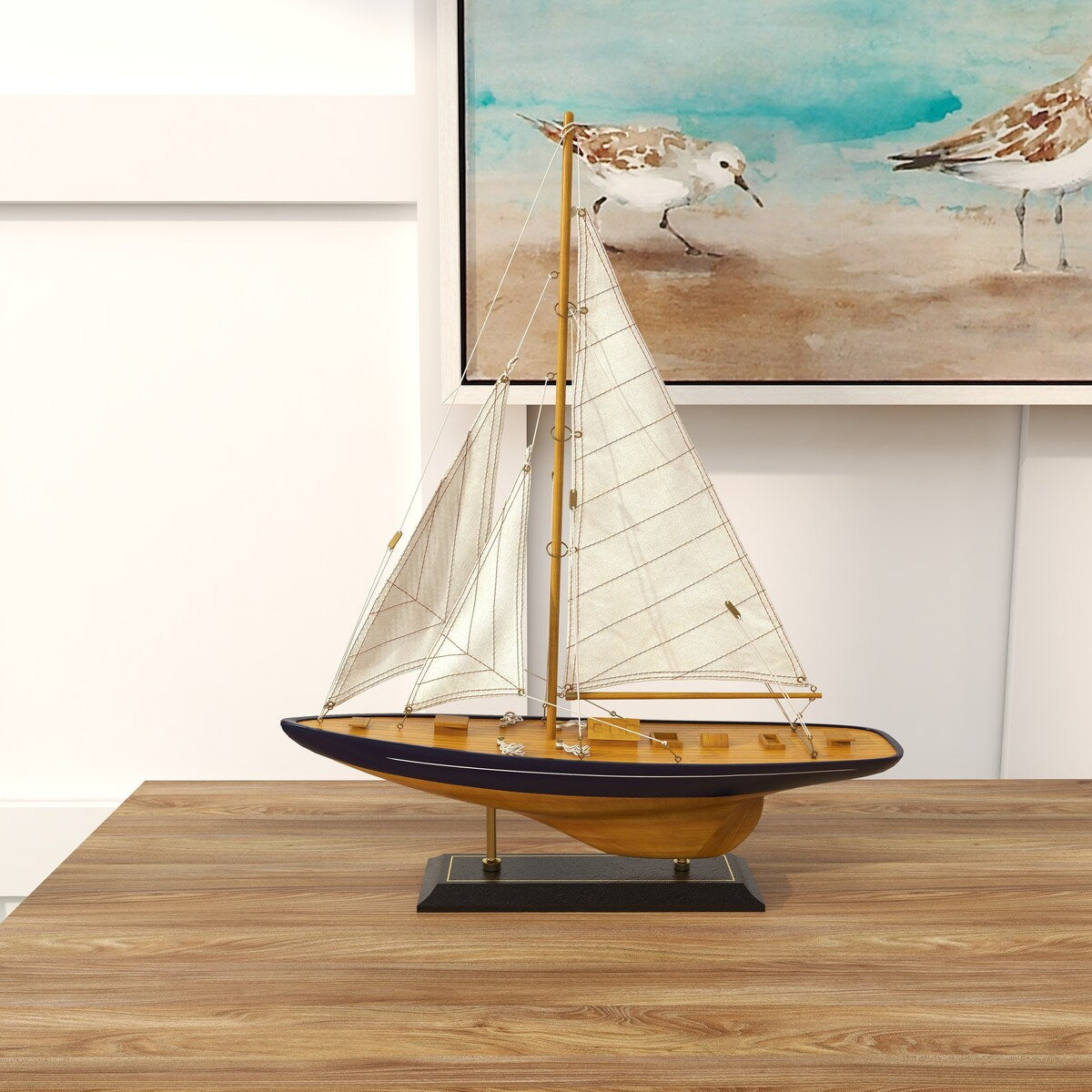 Wood Sail Boat Decorative Sculpture with Beige and Navy Accents and Lifelike Rigging - Brown - Roche River Decor