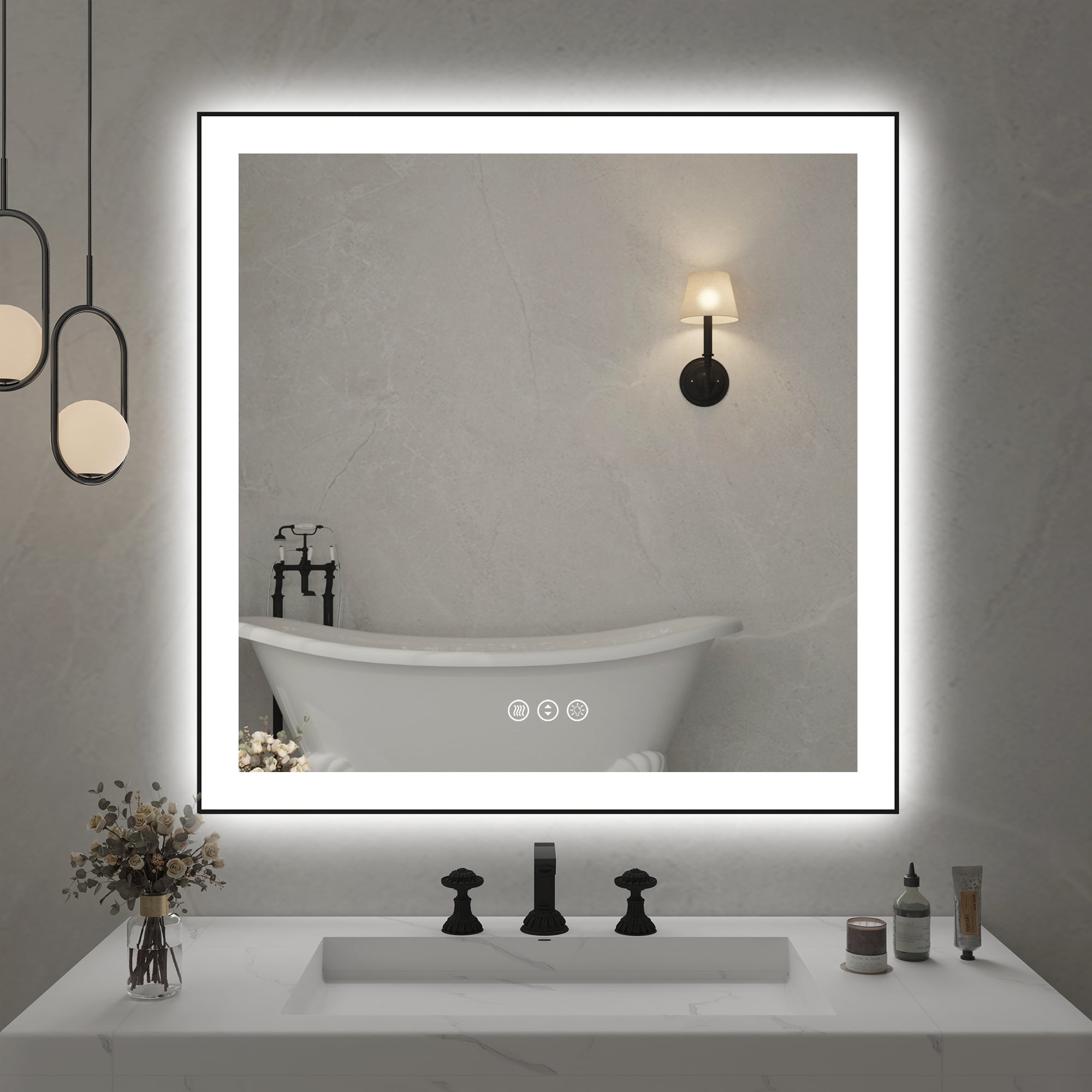 Rectangular Aluminum Framed Backlit and Front Light LED Wall Bathroom Vanity Mirror in Black - N/A