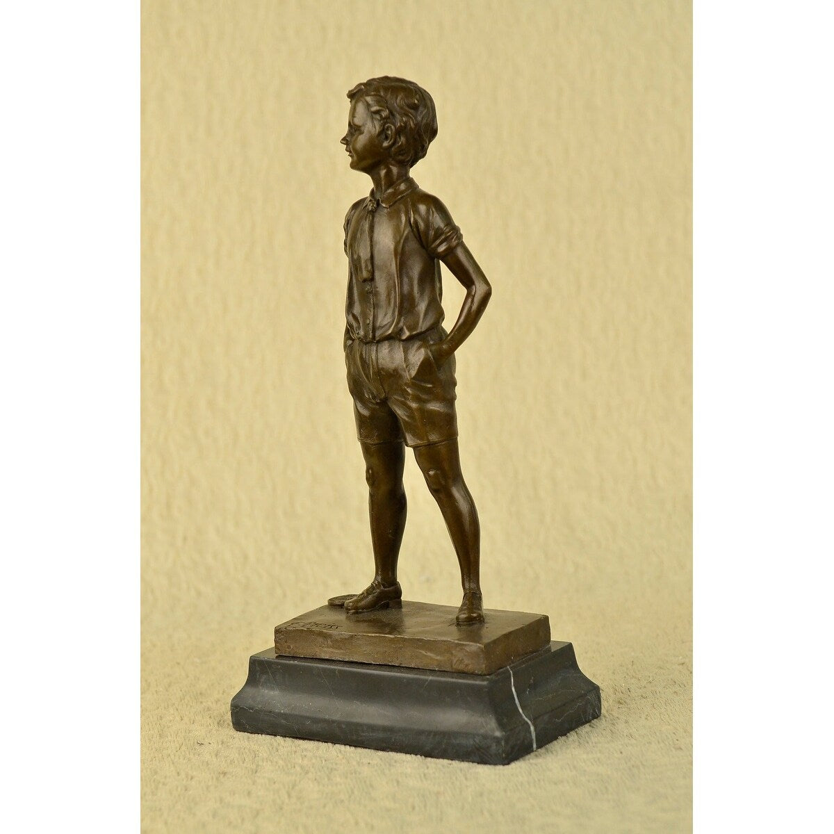 Signed Preiss Young Boy School Boy Bow Tie Bronze Sculpture Marble Base Statue