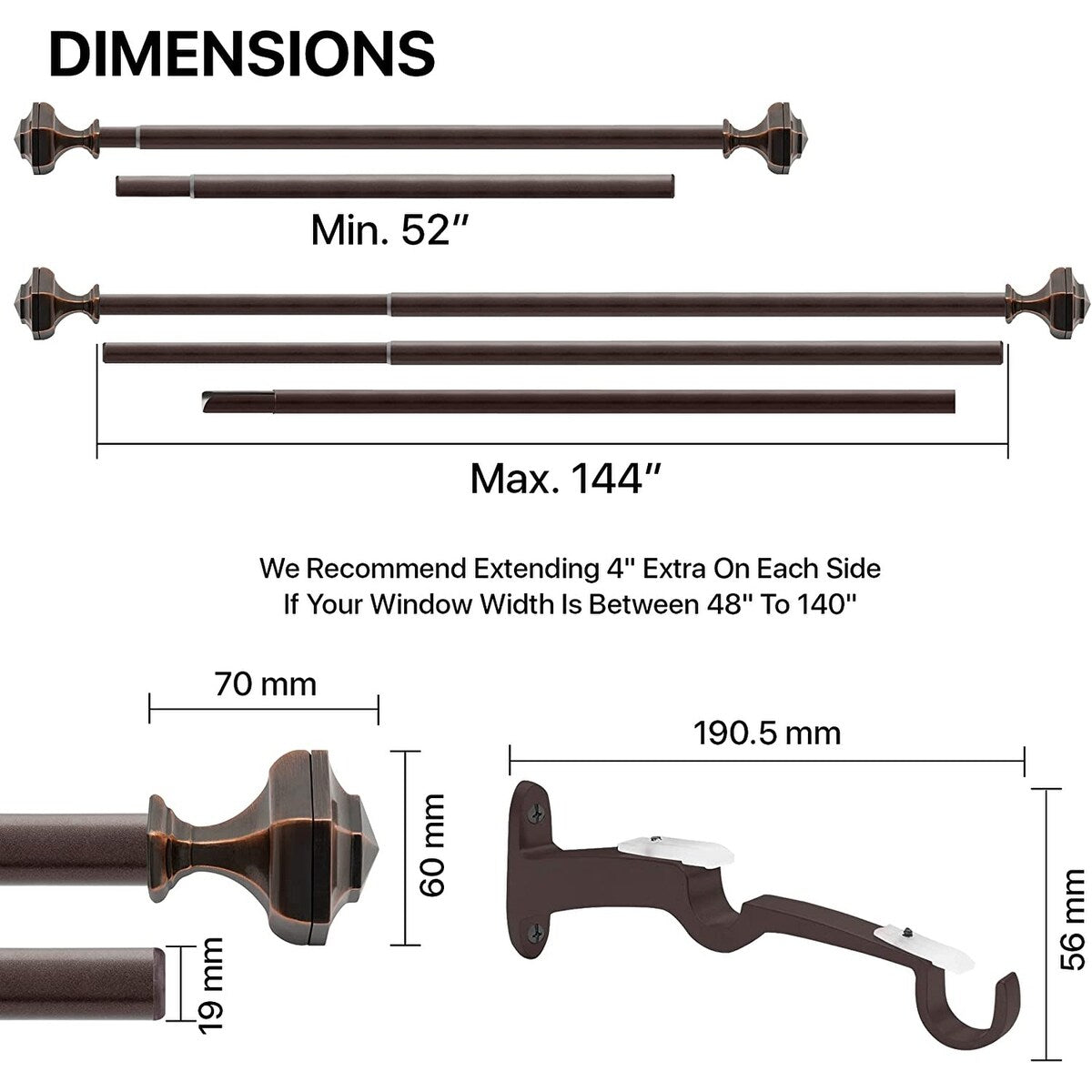 Deco window 3/4 Inch Adjustable Antique Copper Curtain Rod for Windows & Door with Hexagon Finials & Brackets Set