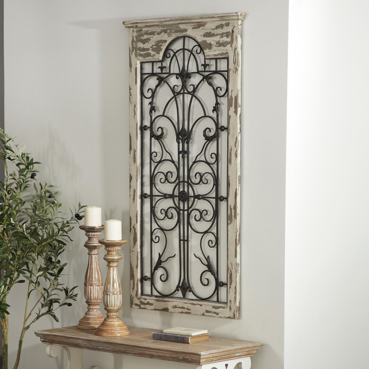 Wood Scroll Distressed Window Inspired Panel Home Wall Decor with Black Metal Fleur De Lis Relief - White - Roche River Decor