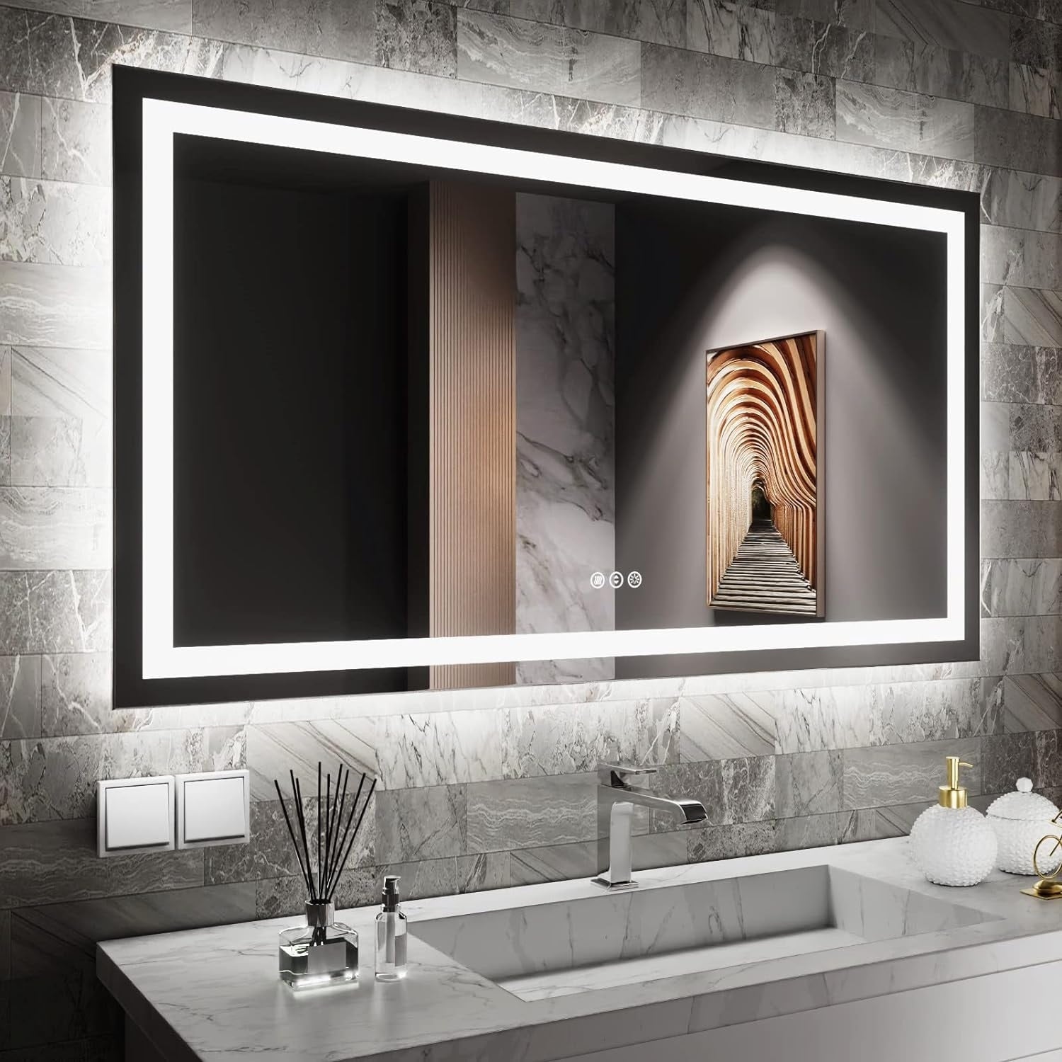 KIOTEE LED Mirror Lights Anti-Fog Frameless Bathroom Vanity Mirror in Tempered Glass