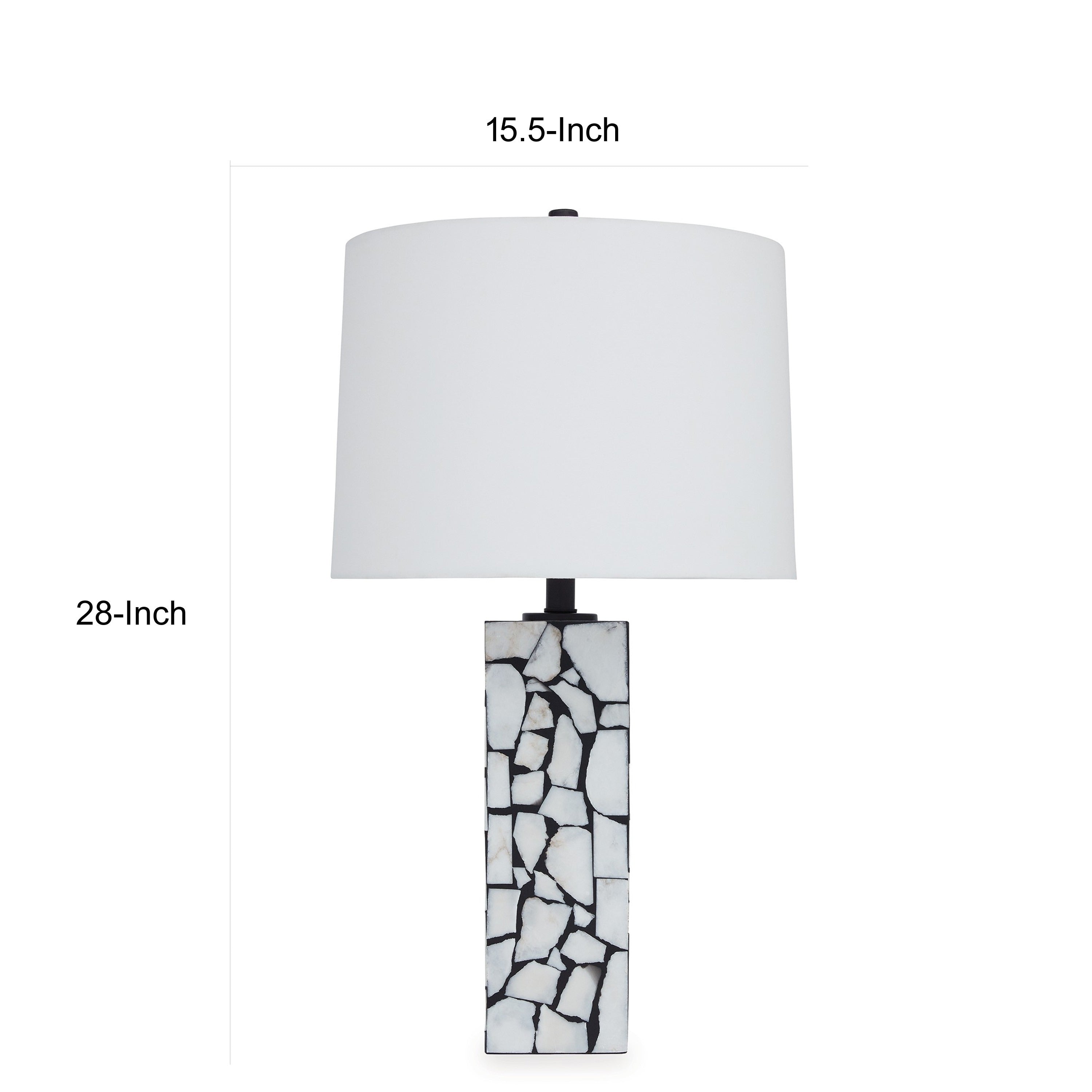 28 Inch Table Lamp, Drum Shade, Black and White Mosaic Marble Art Resin