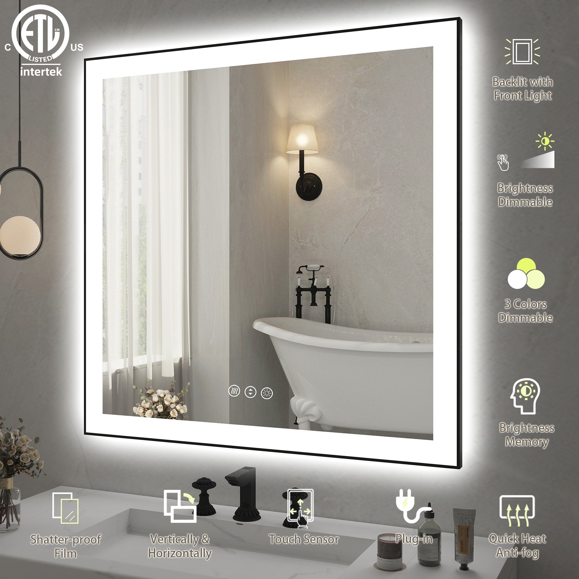 Rectangular Aluminum Framed Backlit and Front Light LED Wall Bathroom Vanity Mirror in Black - N/A