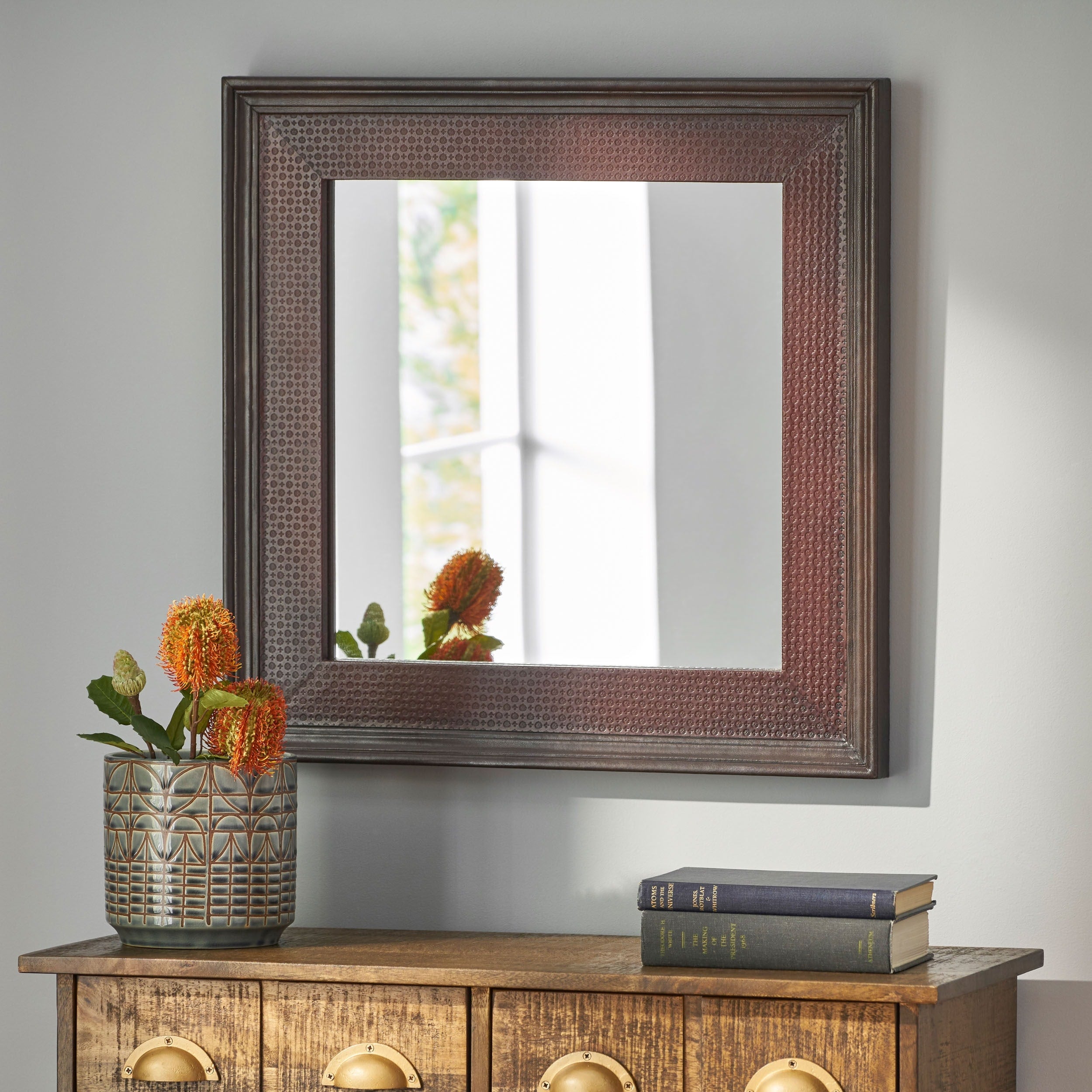 Bearden Indoor Leather Handcrafted Square Wall Mirror by Christopher Knight Home