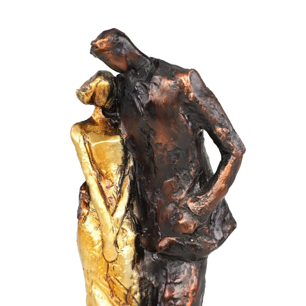 Tall Metallic Bronze & Gold Human Figurines Embracing Sculpture on Black Base, 4 x 13