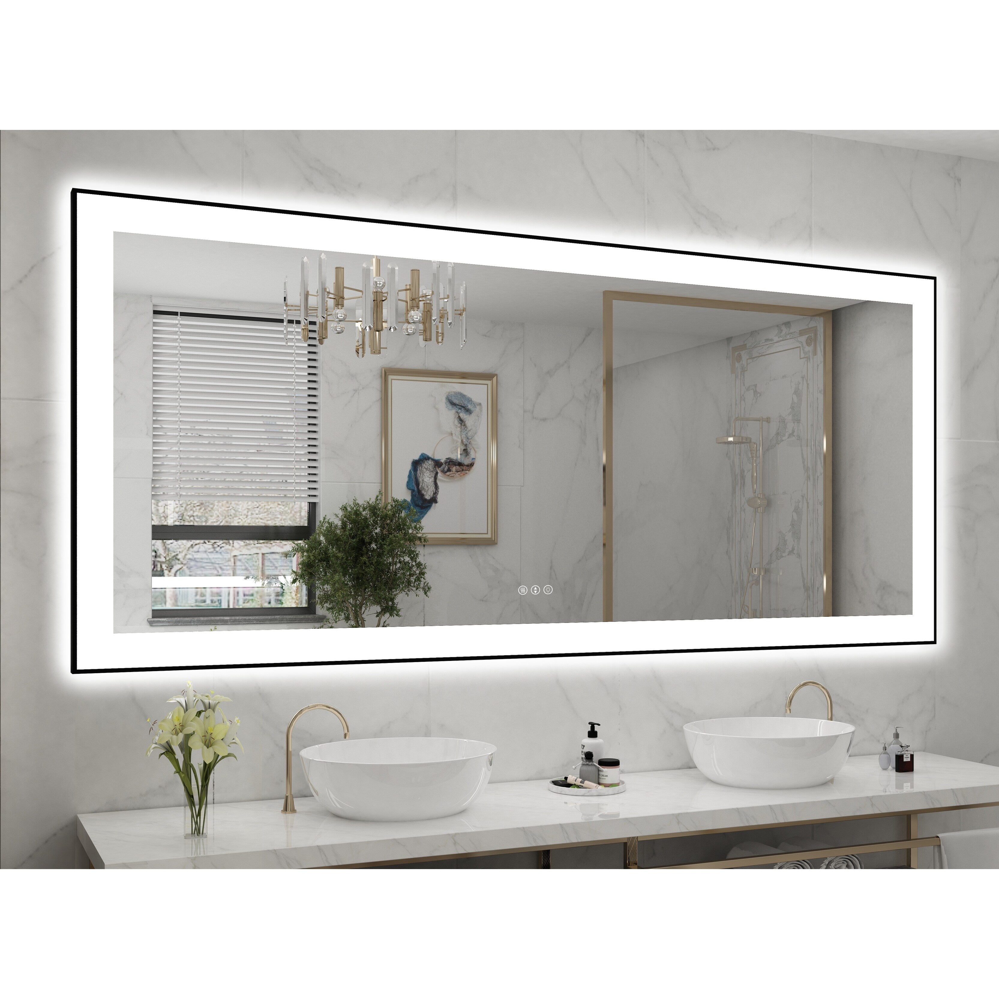 Rectangular Aluminum Framed Backlit and Front Light LED Wall Bathroom Vanity Mirror in Black - N/A