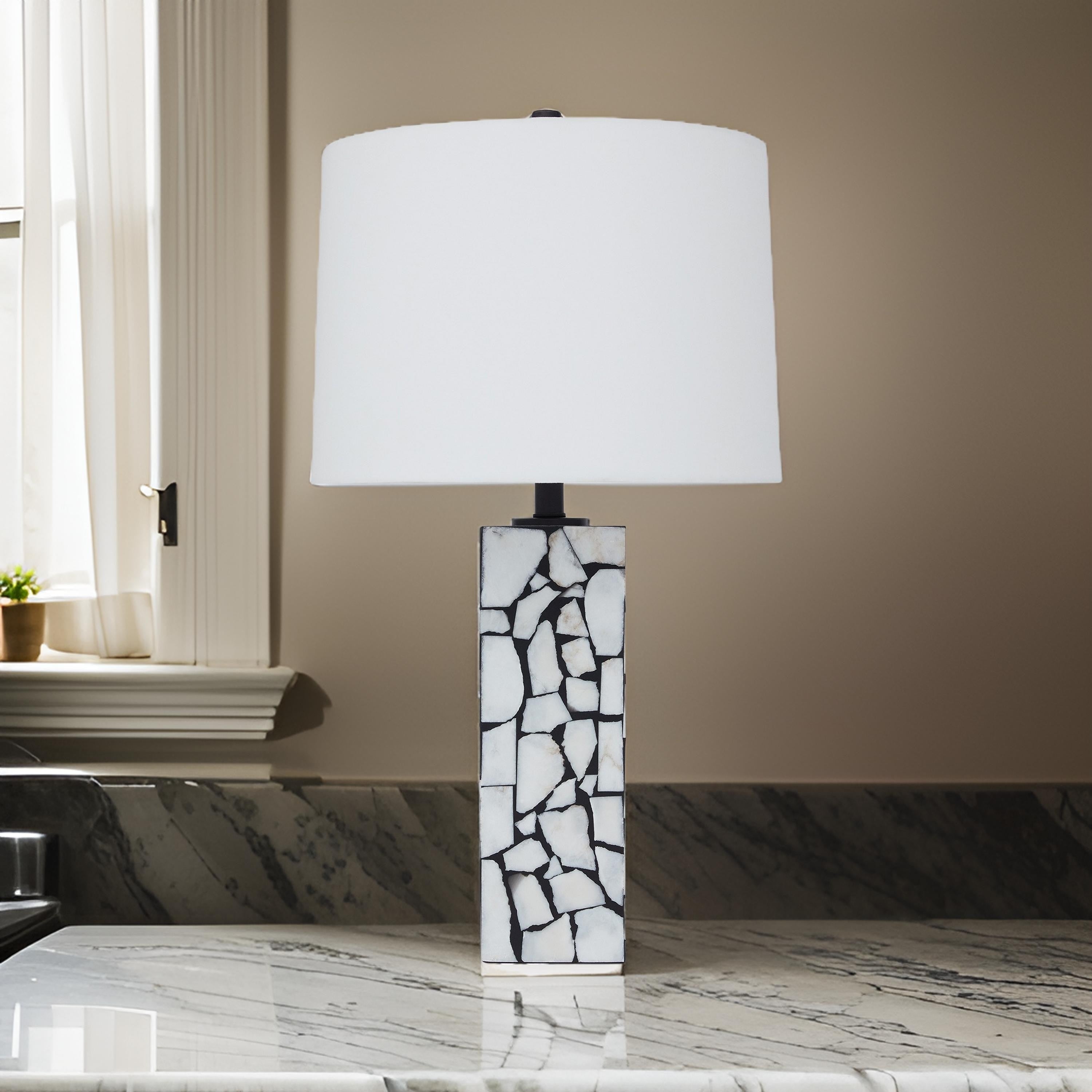 28 Inch Table Lamp, Drum Shade, Black and White Mosaic Marble Art Resin