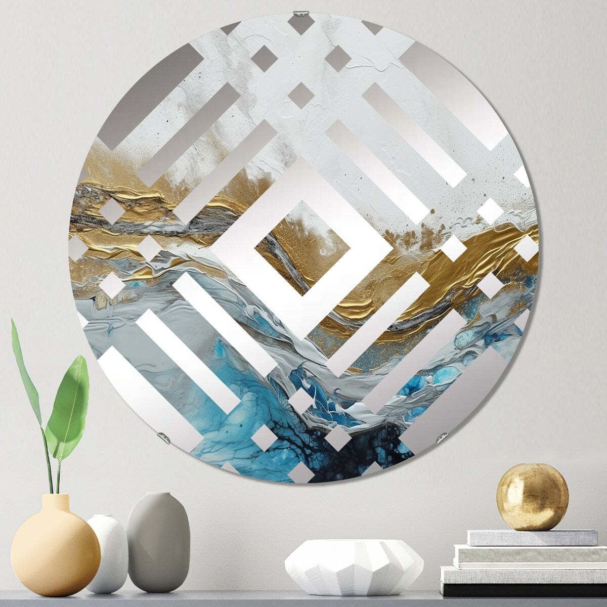 Designart Grey Gold Modern Abstract Contemporary IV - Modern Abstract Marble Diamond Decorative Mirror