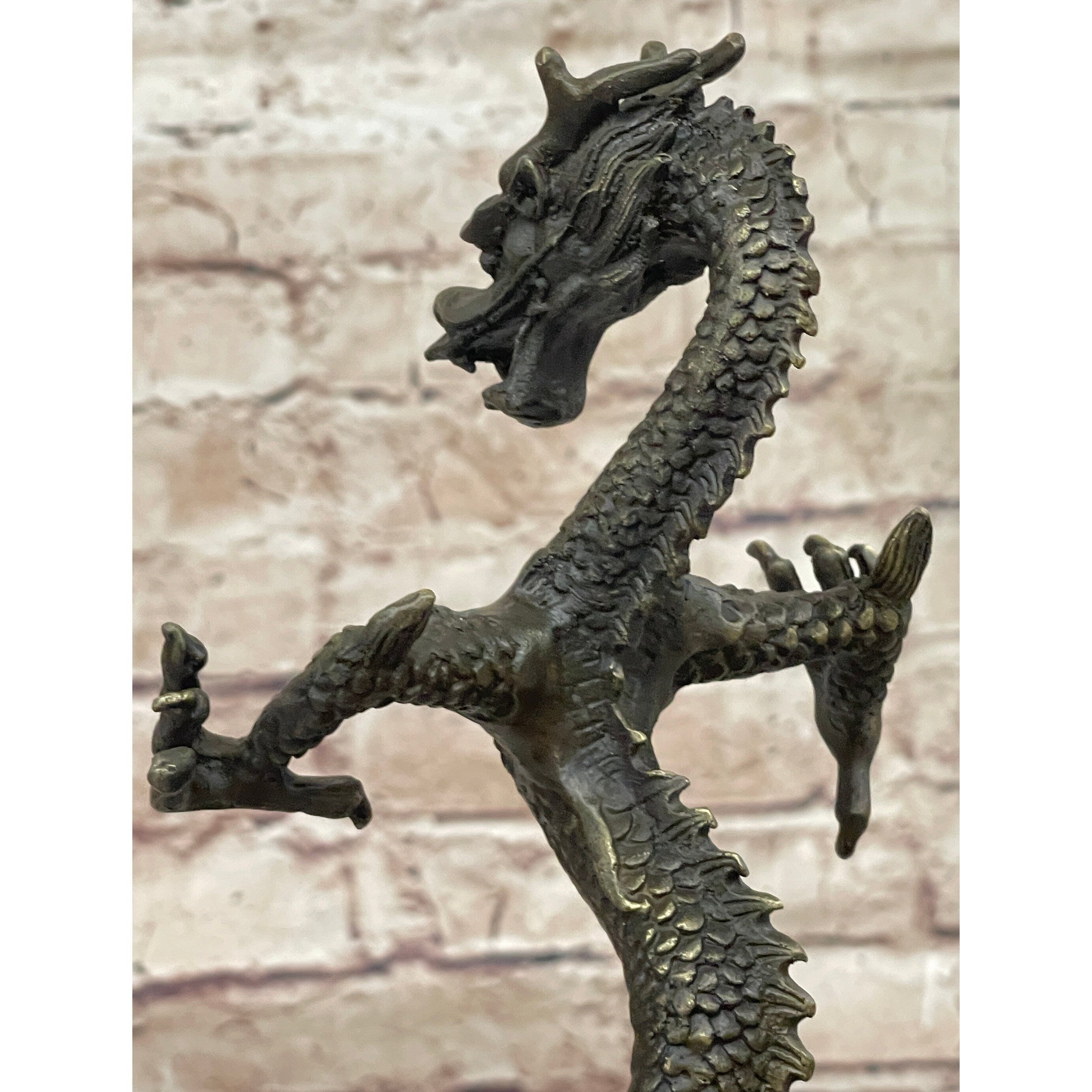 Skinny Chinese Dragon Bronze Sculpture Statue Figure On Marble Base