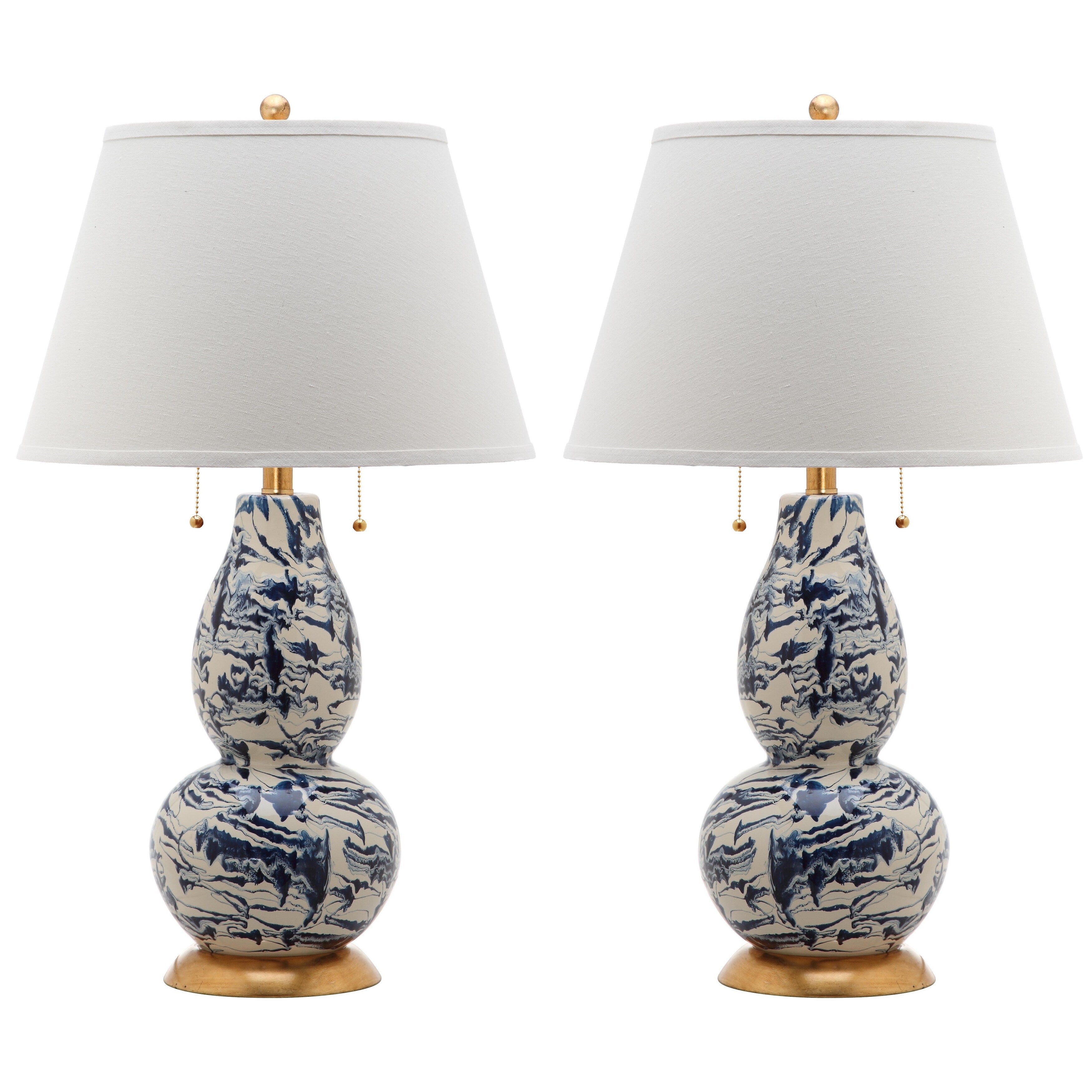 SAFAVIEH Lighting Sebrina 29-inch Navy And White Color Swirls Glass Table Lamp (Set of 2) - 17x17x28 - 17Wx17Dx28H