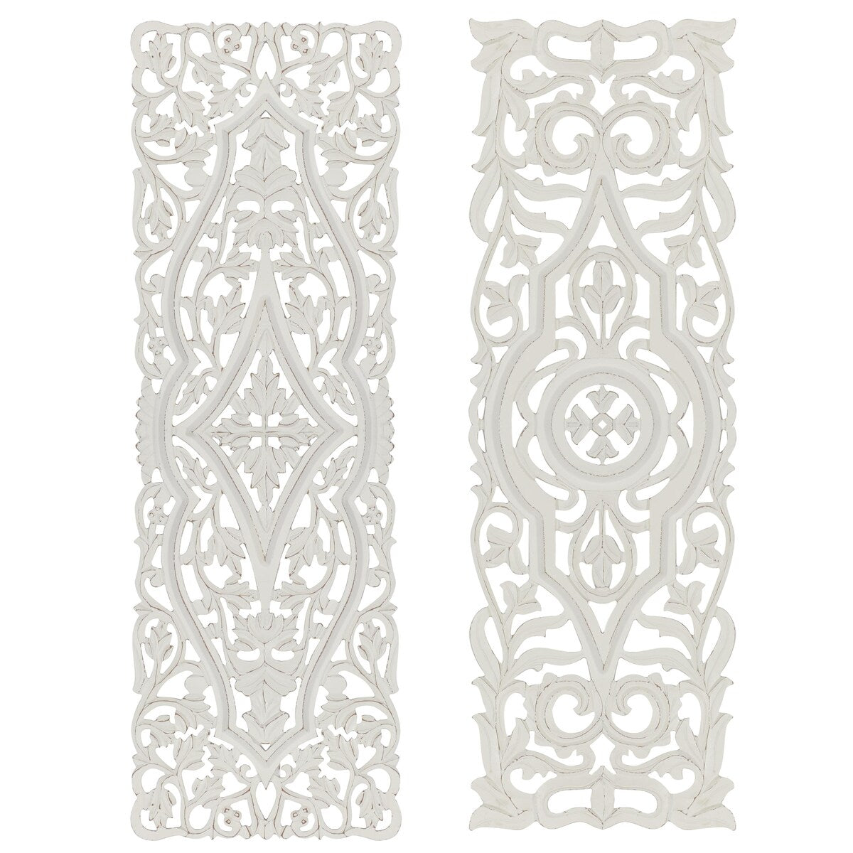 Wood Floral Handmade Intricately Carved Arabesque Home Wall Decor - Set of 2 White - Roche River Decor