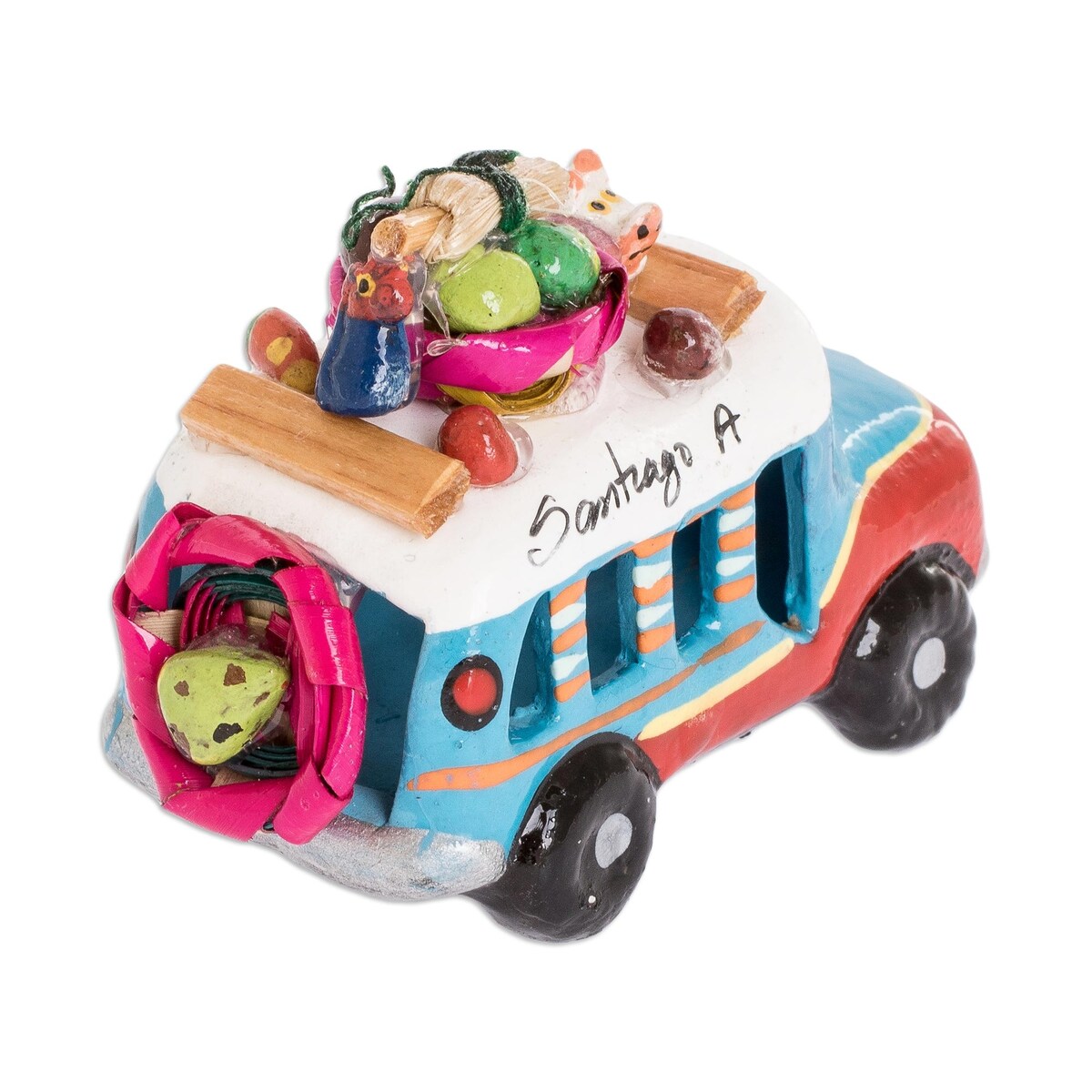 Novica Handmade Blue And Red Old Time Bus Mini Ceramic Sculpture