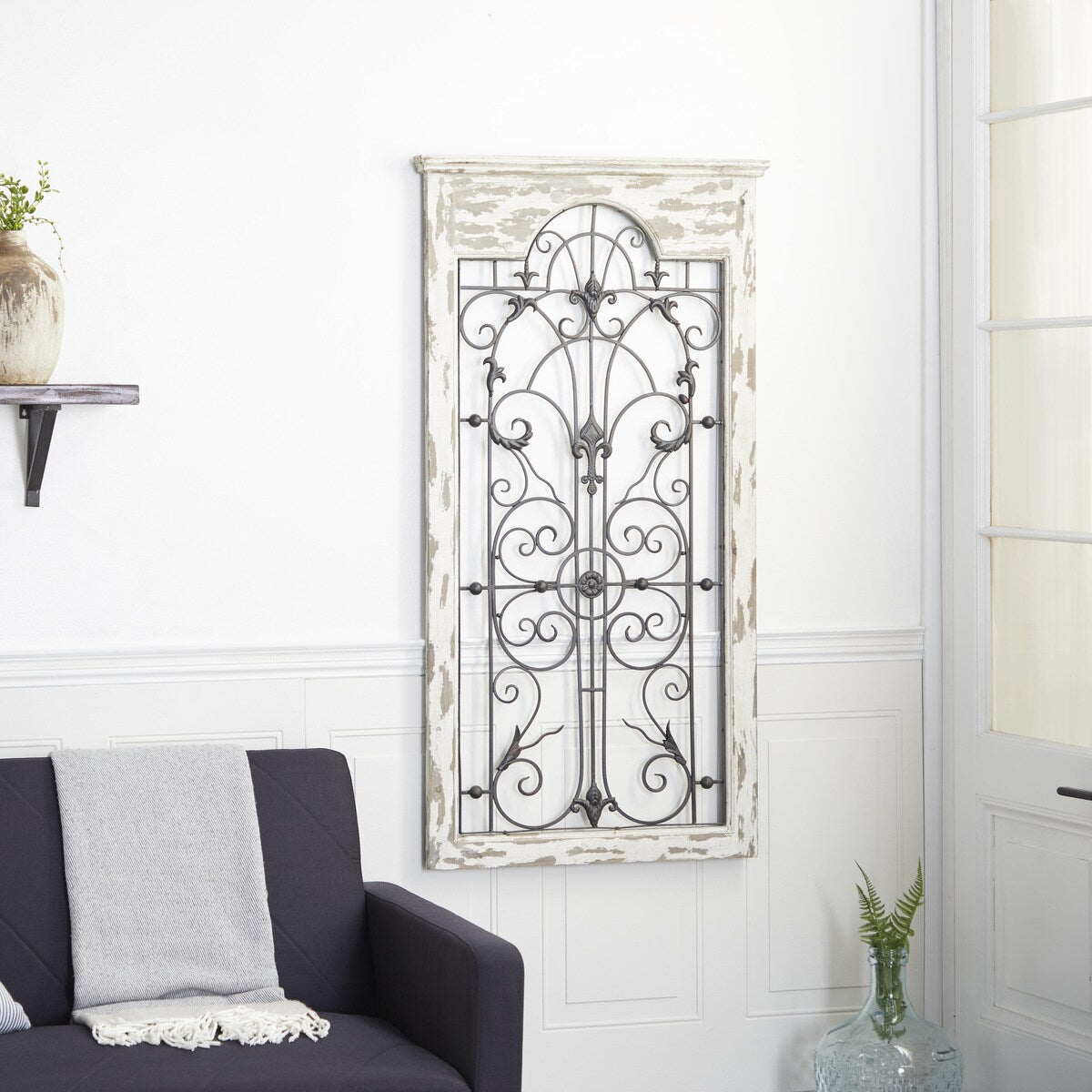 Wood Scroll Distressed Window Inspired Panel Home Wall Decor with Black Metal Fleur De Lis Relief - White - Roche River Decor