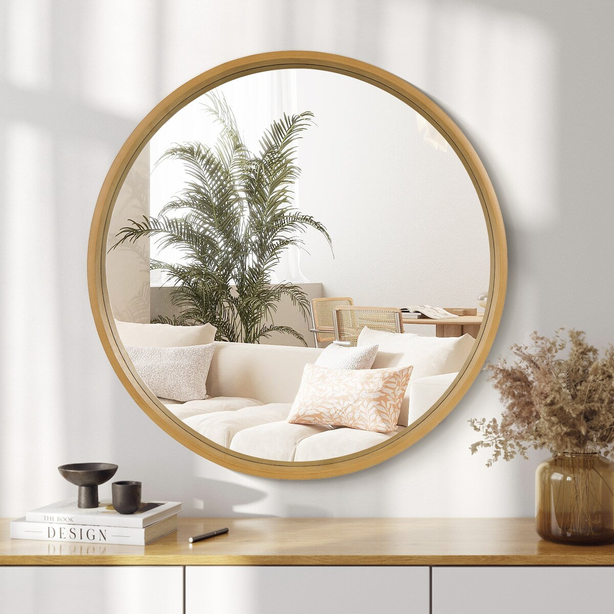 Classic Wooden Frame Farmhouse Round Wall Mirror