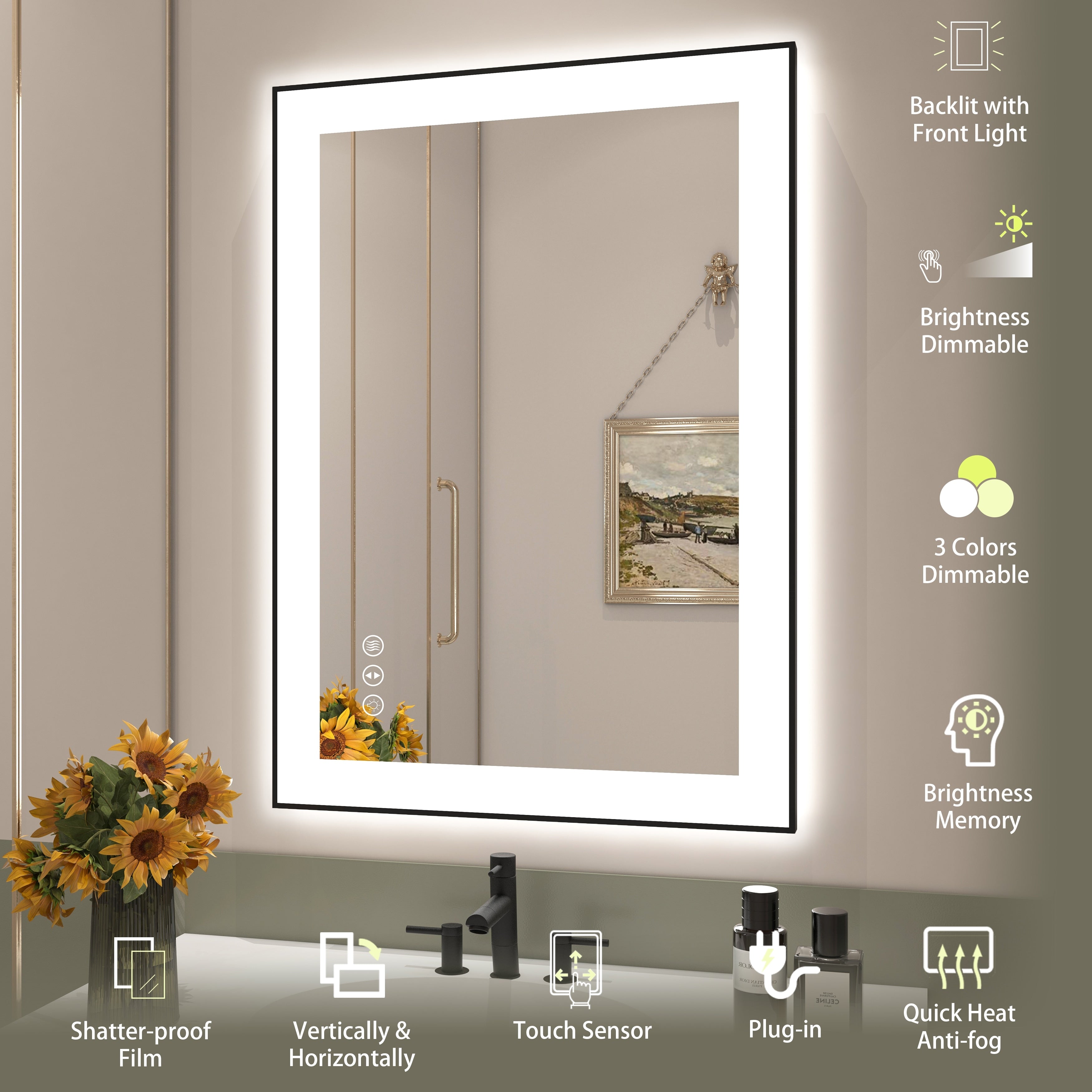 Rectangular Aluminum Framed Backlit and Front Light LED Wall Bathroom Vanity Mirror in Black - N/A