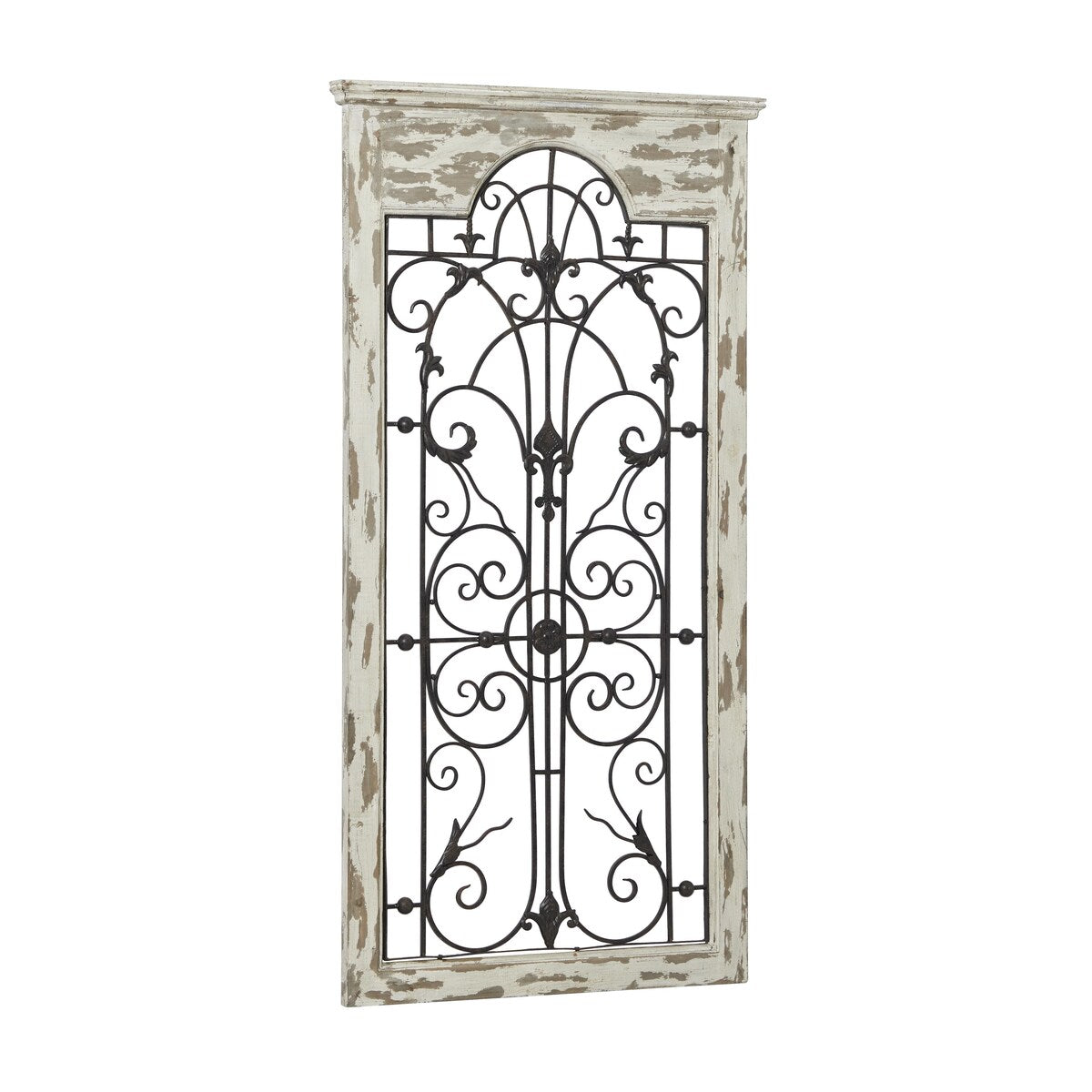 Wood Scroll Distressed Window Inspired Panel Home Wall Decor with Black Metal Fleur De Lis Relief - White - Roche River Decor