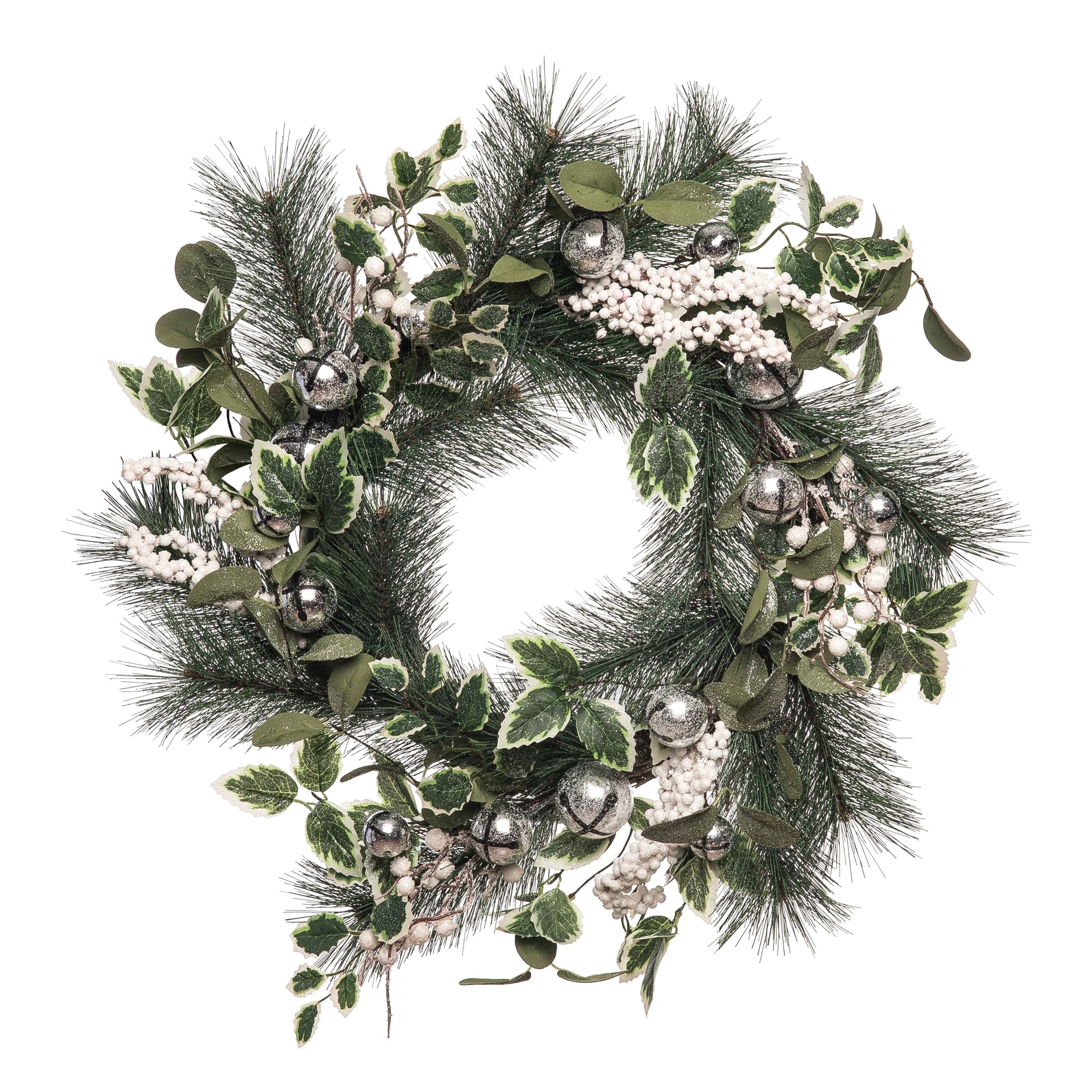 Transpac Fabric 24 in. Multicolor Christmas Bells Wreath - Green/White/Silver