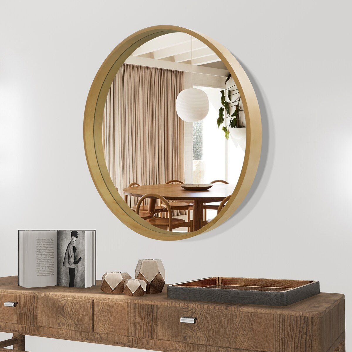 Classic Wooden Frame Farmhouse Round Wall Mirror