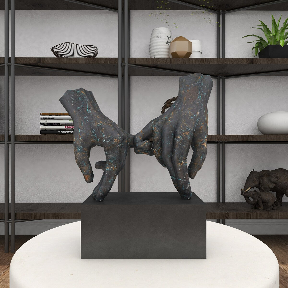 Polystone Hands Weathered Patina Linked Decorative Sculpture with Block Base and Gold Accents - Black - Roche River Decor