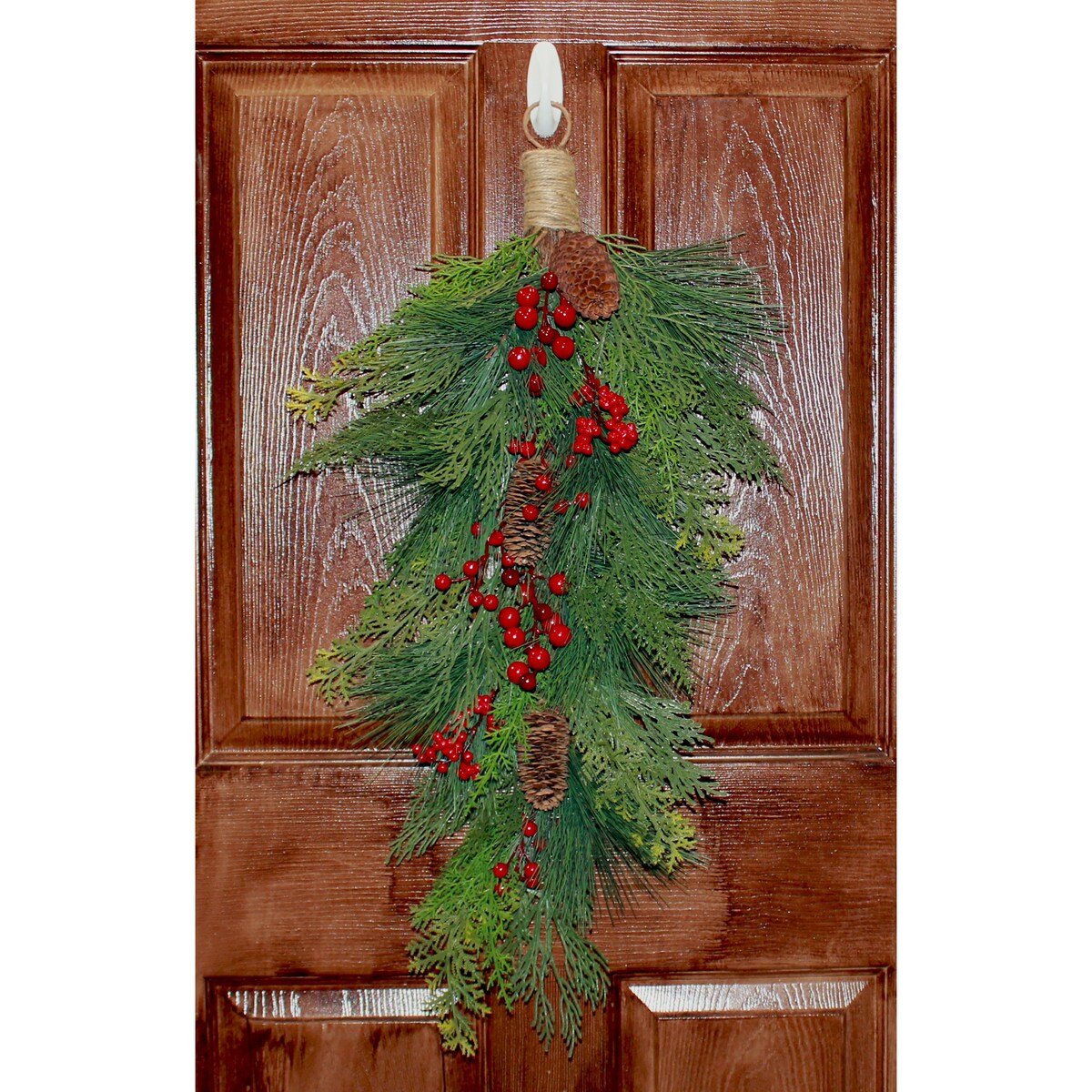 23 Artificial Christmas Mixed Evergreen Pine Teardrop Swag with Red Berries and Pinecones - 23