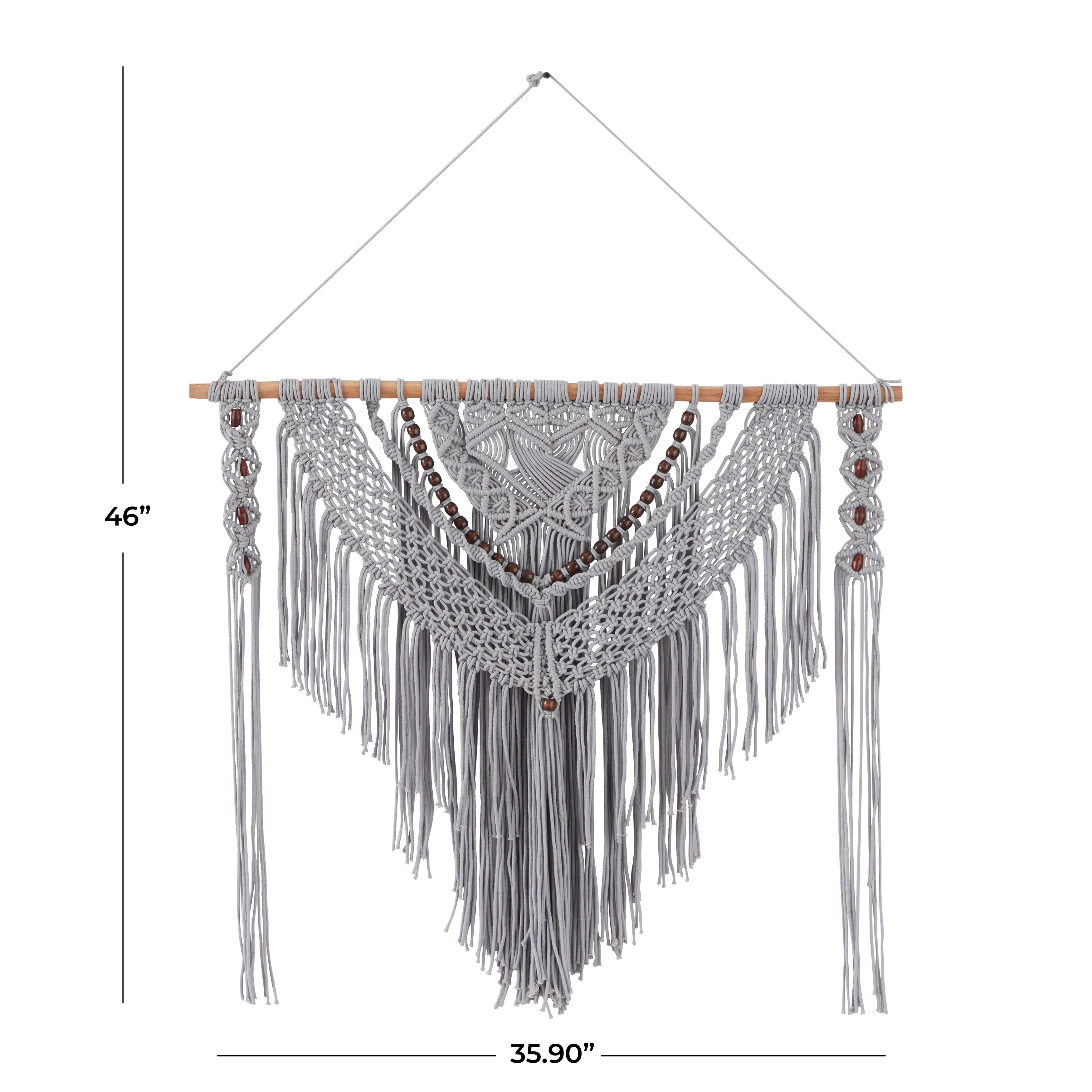 Cotton Handmade Intricately Weaved Macrame Wall Decor with Beaded Fringe Tassels - Gray or Cream